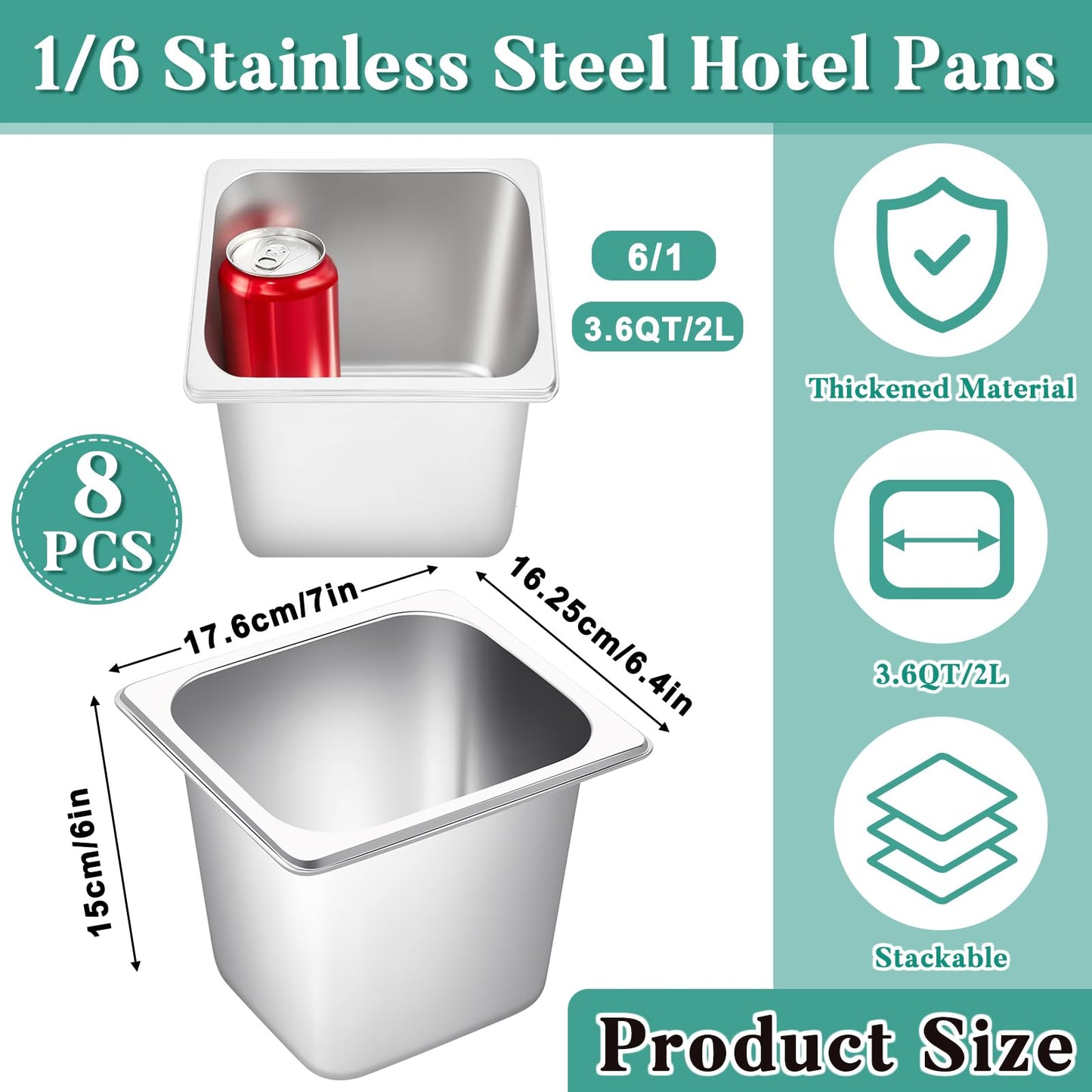 Jinei Steam Table Pan 1/6 Hotel Pan Stainless 201 Steel Size 6'' Deep Storage Catering Metal Commercial Food Pans for Kitchen Restaurant Buffet Party Supplies(8 Pcs)