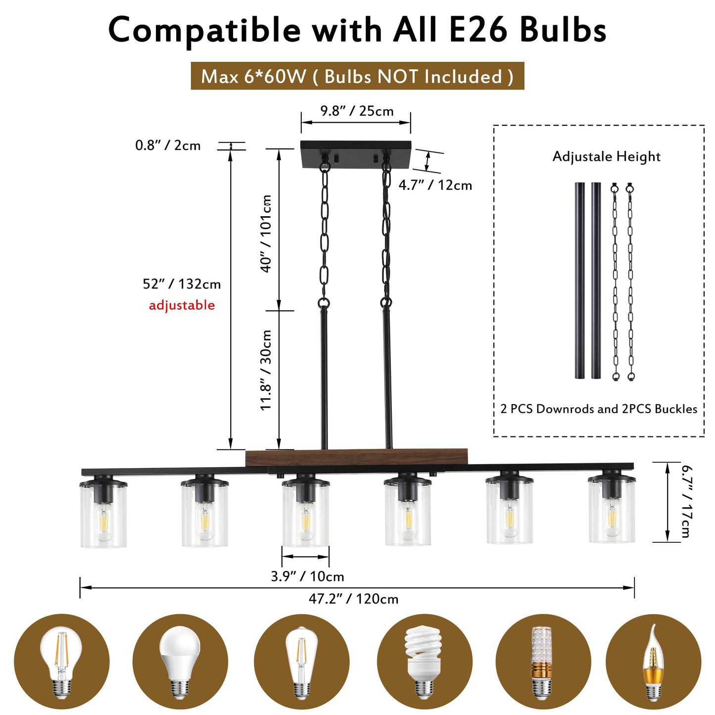 47.2'' Kitchen Island Light Fixtures, 6-Light Dining Room Light Fixture Chandelier Over Table, Black Modern Rustic Wood Ceiling Pendant Light Fixtures, with Clear Glass Shade, Farmhouse Chandelier