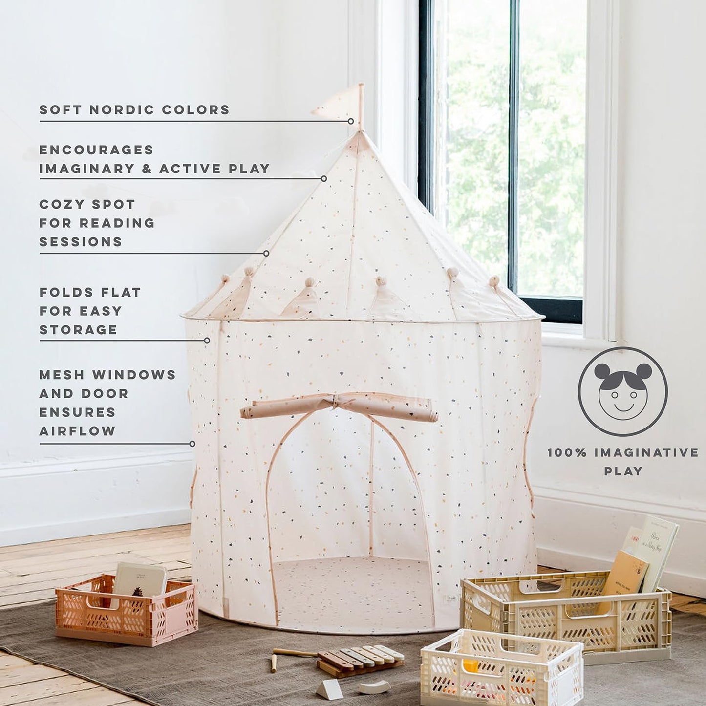 3 Sprouts Kids Play Tent - Sustainable Recycled Fabric β Fun Spacious Childs Playhouse for Indoor Games for Boys & Girls - Durable Fort Pop Up House for Toddlers & Children Age 3-10 - Terrazzo Beige