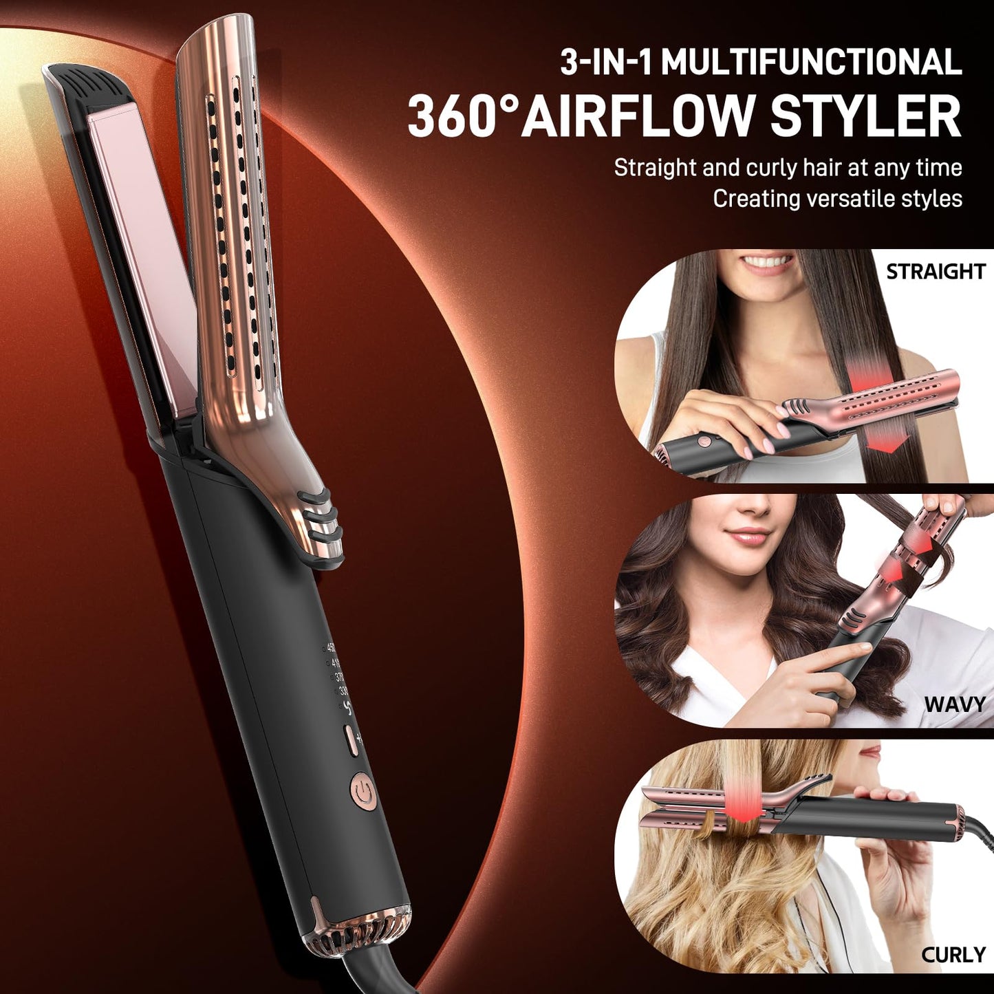 MESCOMB Upgraded 360° Airflow Styler Curling Iron - Keratin Hair Straightener and Curler 2 in 1, 1.5 Inch Titanium Ionic Curling Iron for Lasting Curls, 4 Temps, Dual Voltage for International Travel