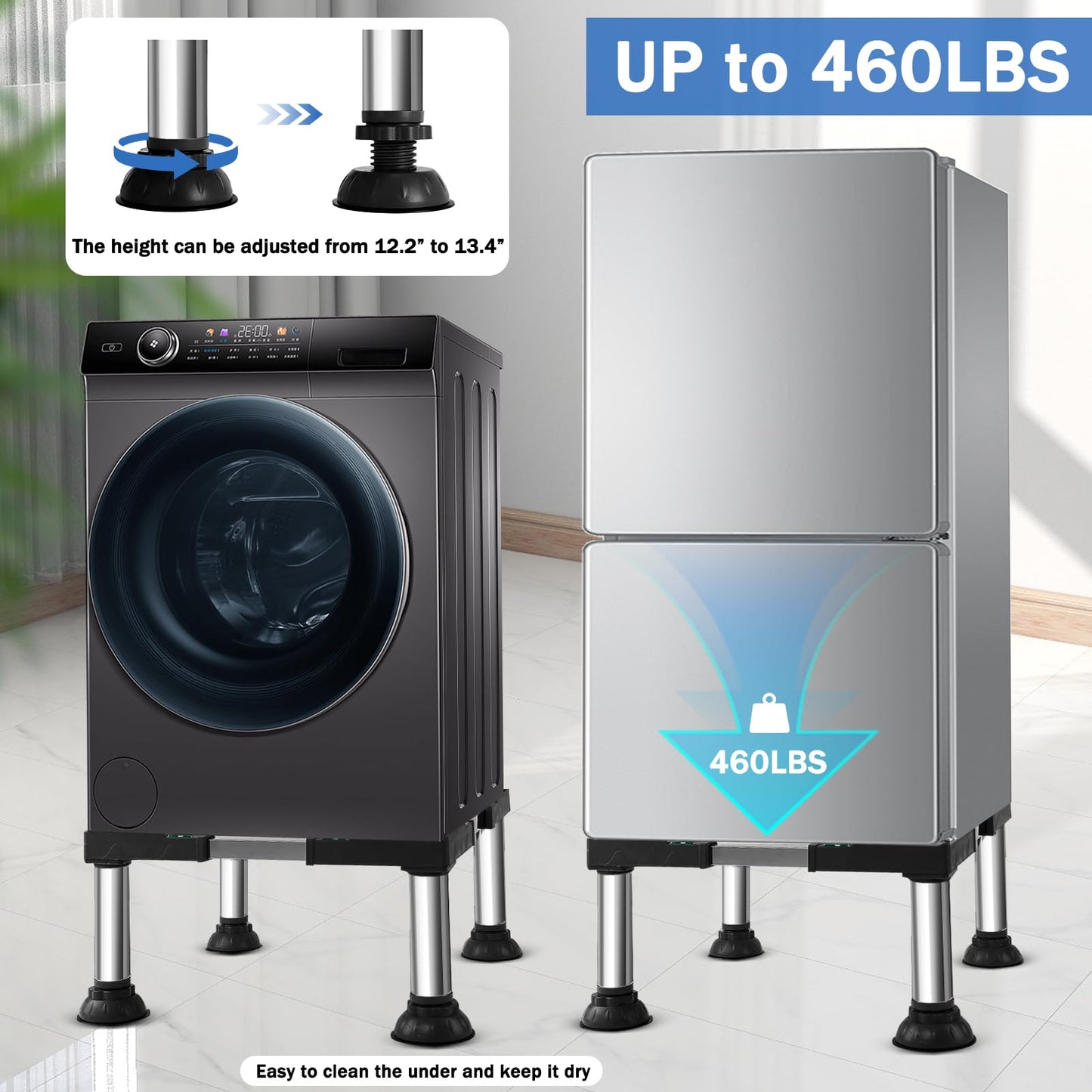 Ailahloe 12.2" to 13.4" Height Mini Fridge Stand Adjustable Washer and Dryer Pedestals Stand with 4 Strong Feet Heavy Duty Laundry Pedestal for 16-24 Inch Appliance 460 Pounds Stand (Black)