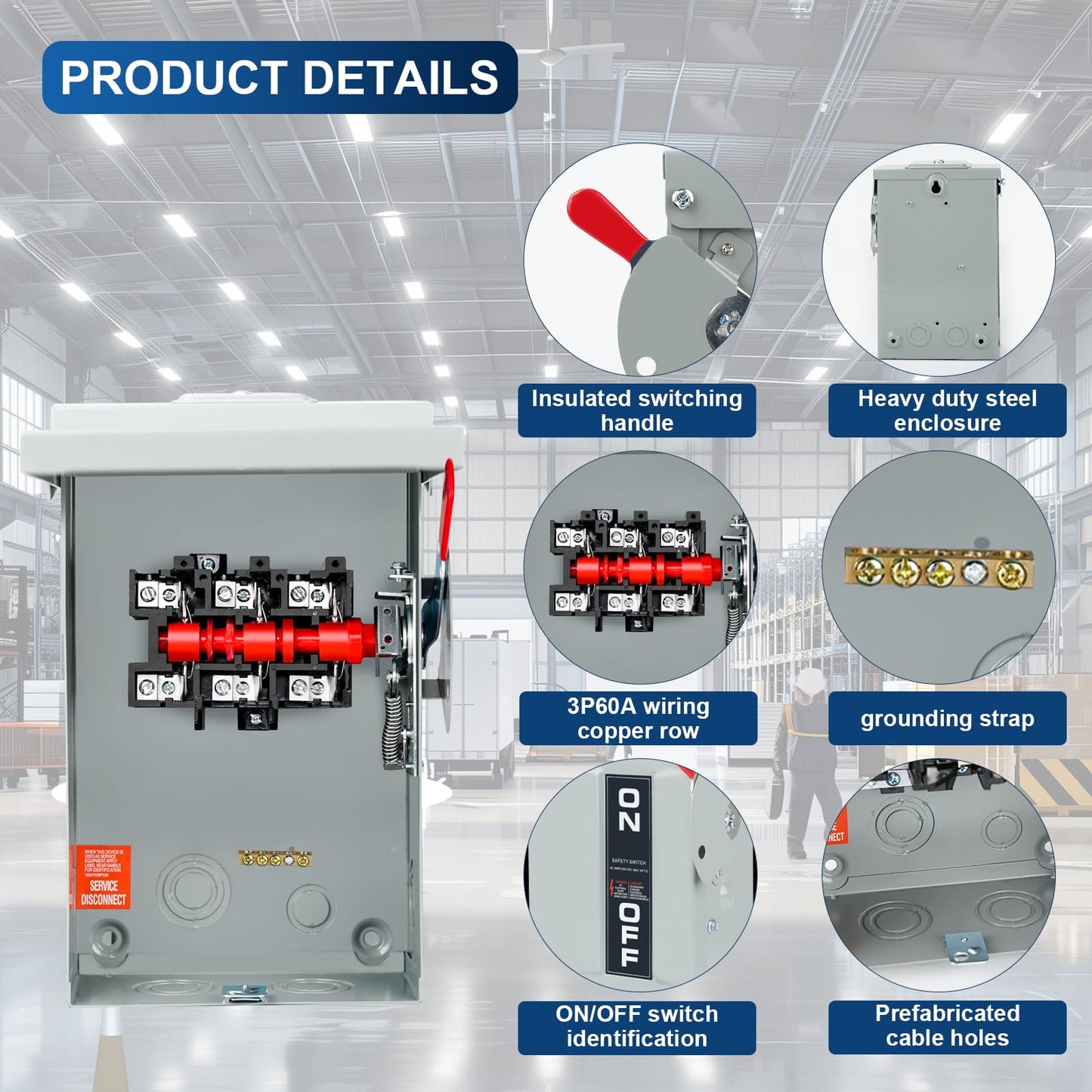 3P 60Amp 240V 3 Wire Heavy Duty Safety Switches,Ac Disconnect Switches Box,Quick Disconnect Safety Switch