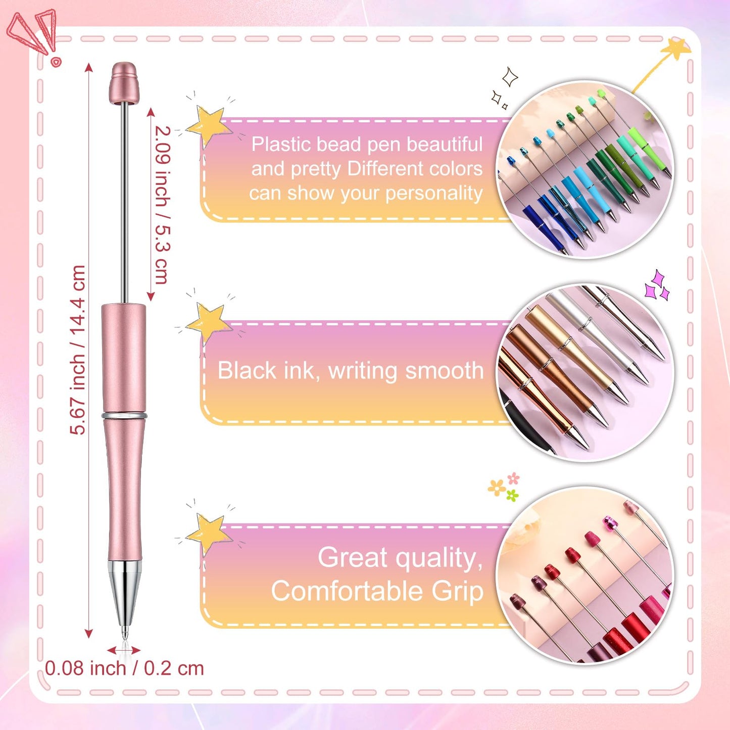 Kosiz 300 Pcs Beadable Pen Bulk Assorted Plastic Bead Pen DIY Black Ink Ballpoint Pen for DIY Making Kids Students Office School Gift Supplies