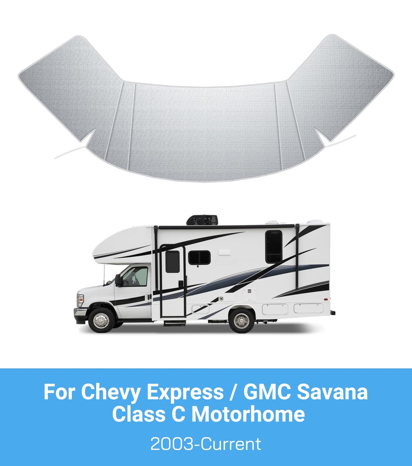 VANNCAMP Oxford Windshield Cover for Chevy Express/GMC Savana Van 2001-2026, Thick Class C Motorhome Front Window Cover, for Ice & Snow, Silver with Mirror Cutouts