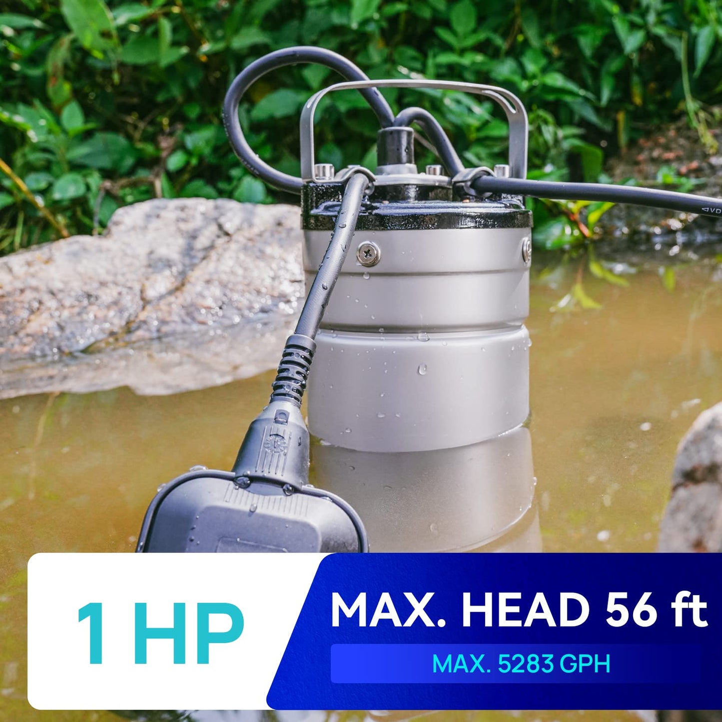 Aquastrong 1HP Sewage Sump Pump, Stainless Steel, 115V Automatic Float Switch, Cast Iron Impeller, Submersible Effluent/Sewage Pump for Sump Basin, Basement, 2'' NPT Discharge with 5283GPH