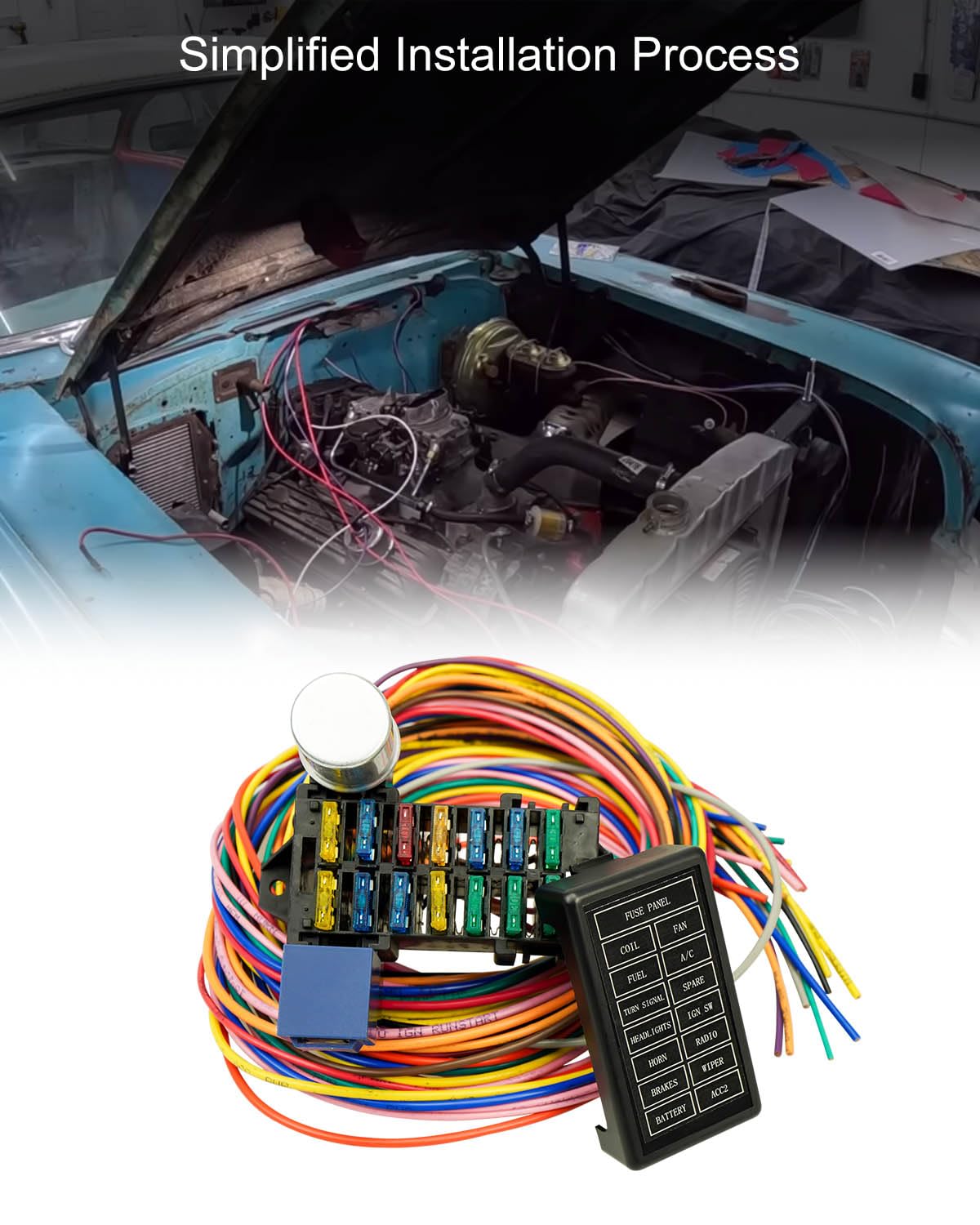 14 Circuit Universal Wiring Harness Fit for Street Muscle Car Hot Rod XL Wires, 12V Fuse Wiring Harness Kit Compatible with Chevy Ford Chrysler Mopar Muscle Car