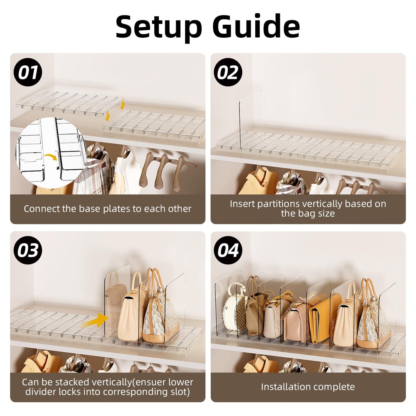 MSHOMELY Stackable Bag & Purse Organizer for Closet Shelf Acrylic Shelf Dividers for Closet Organization, Clear Handbag Purse Storage Organizer Divider, Keep Clutch, Wallet, Pocketbook Upright, 4 Pack