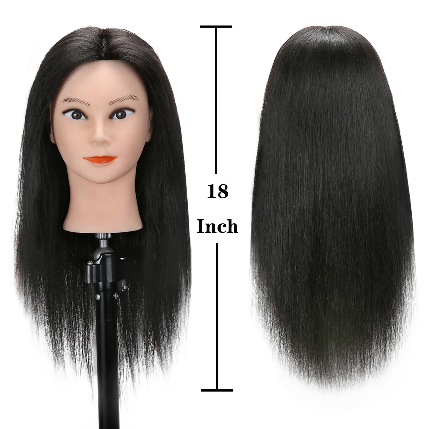 Armmu 100% Real Human Hair Mannequin Head with Stand, Hairdressers' Practice Training Head and Cosmotology Doll Head for Hairstyling and Braid (18 inches)- Natural Black