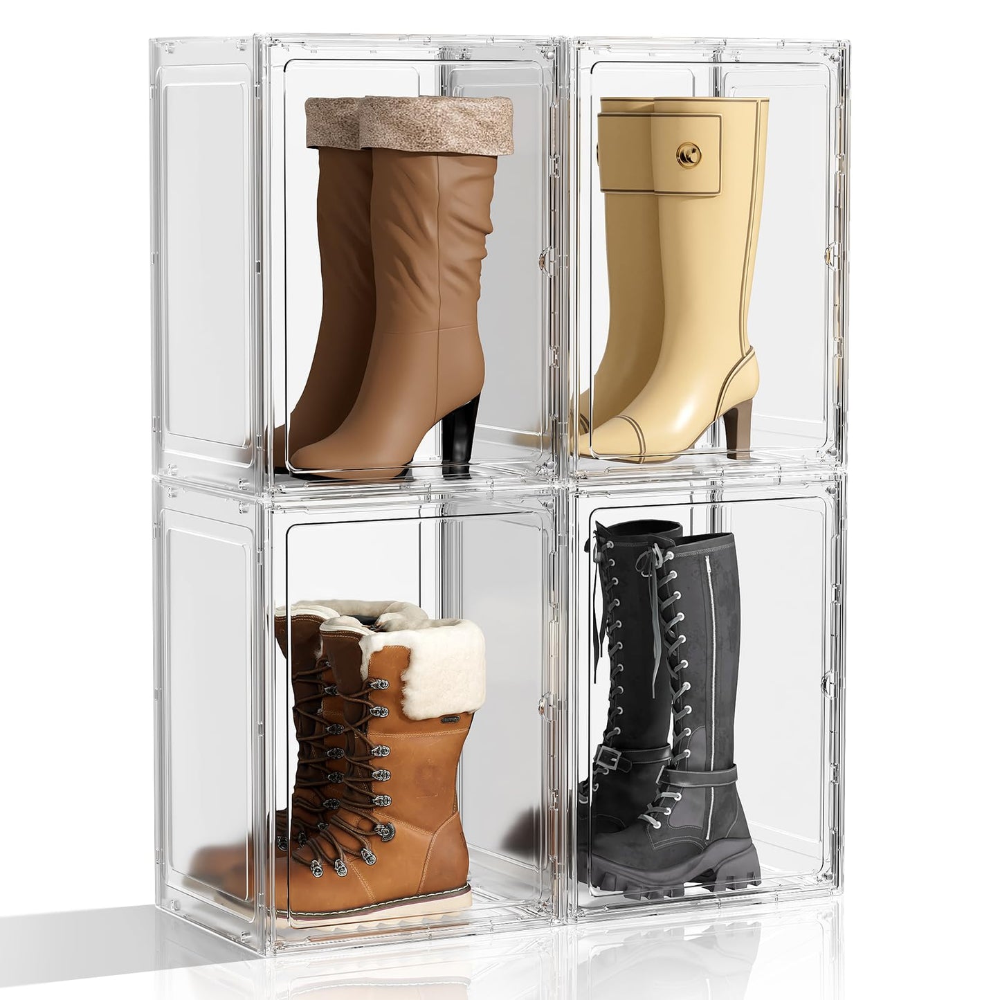MSHOMELY Boot Storage Organizer Tall Boot Shoe Storage Box for Closet 4 Pack Super Large Plastic Boots Container for Storage, Stackable Display Case for Collectibles, Backpack, Helmet, White