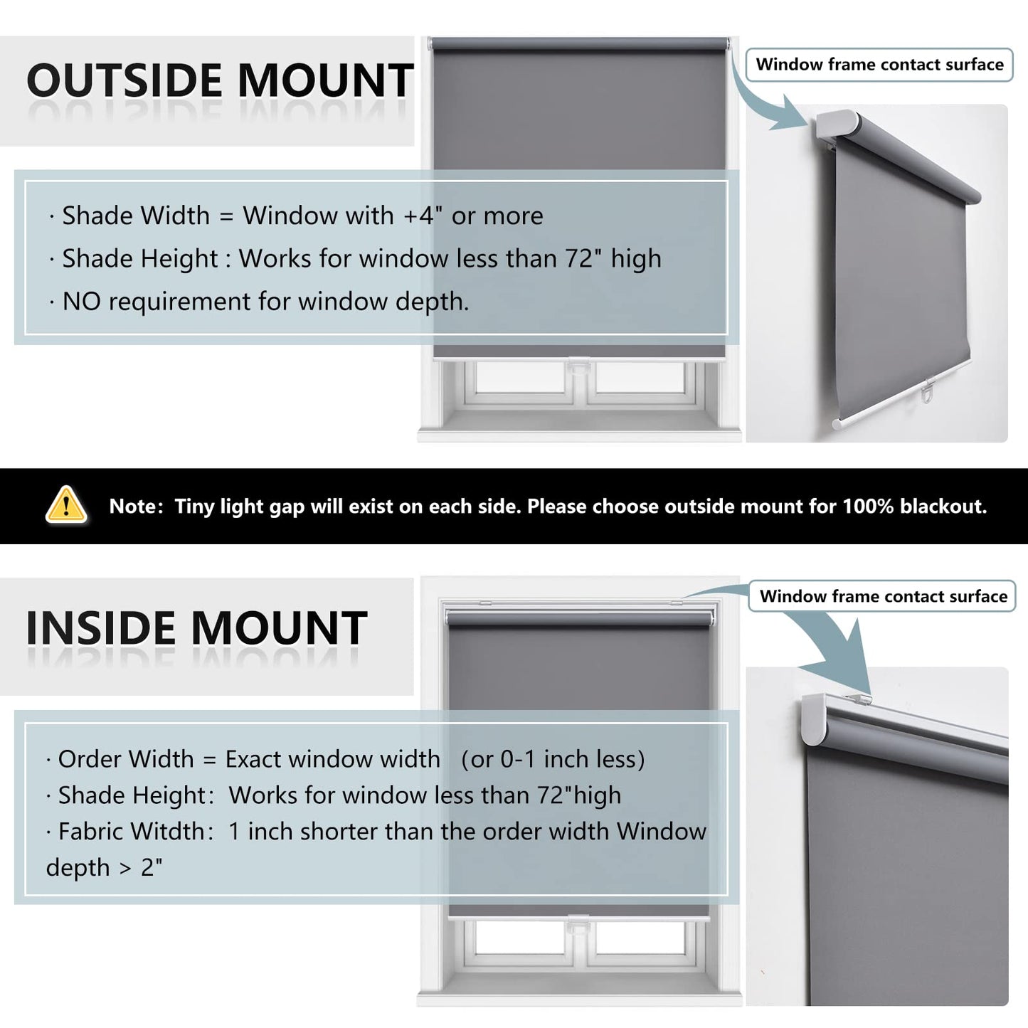 AOSKY Cordless Roller Shades Blackout Blinds for Windows Room Darkening Rolled Up Shades with Spring System, UV Protection Window Shades Door Blinds for Home and Office (40" W x 72" H, Grey)