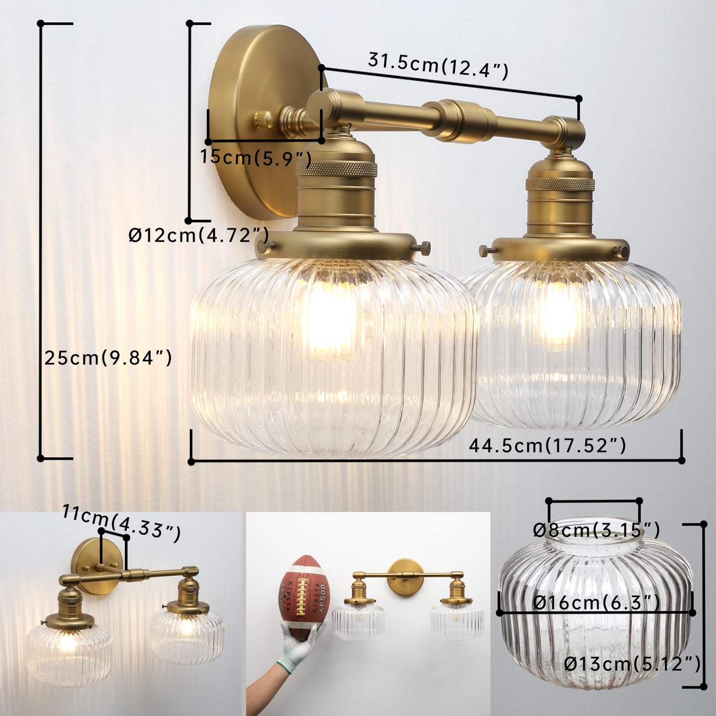 JIMUBEAM 2-Lights Industrial Glass Wall Sconces, Antique Brass Clear Striped Globe Shade Wall Light Fixture for Bathroom Vanity, Bedroom, Dining Room, Living Room, Farmhouse, Stairs