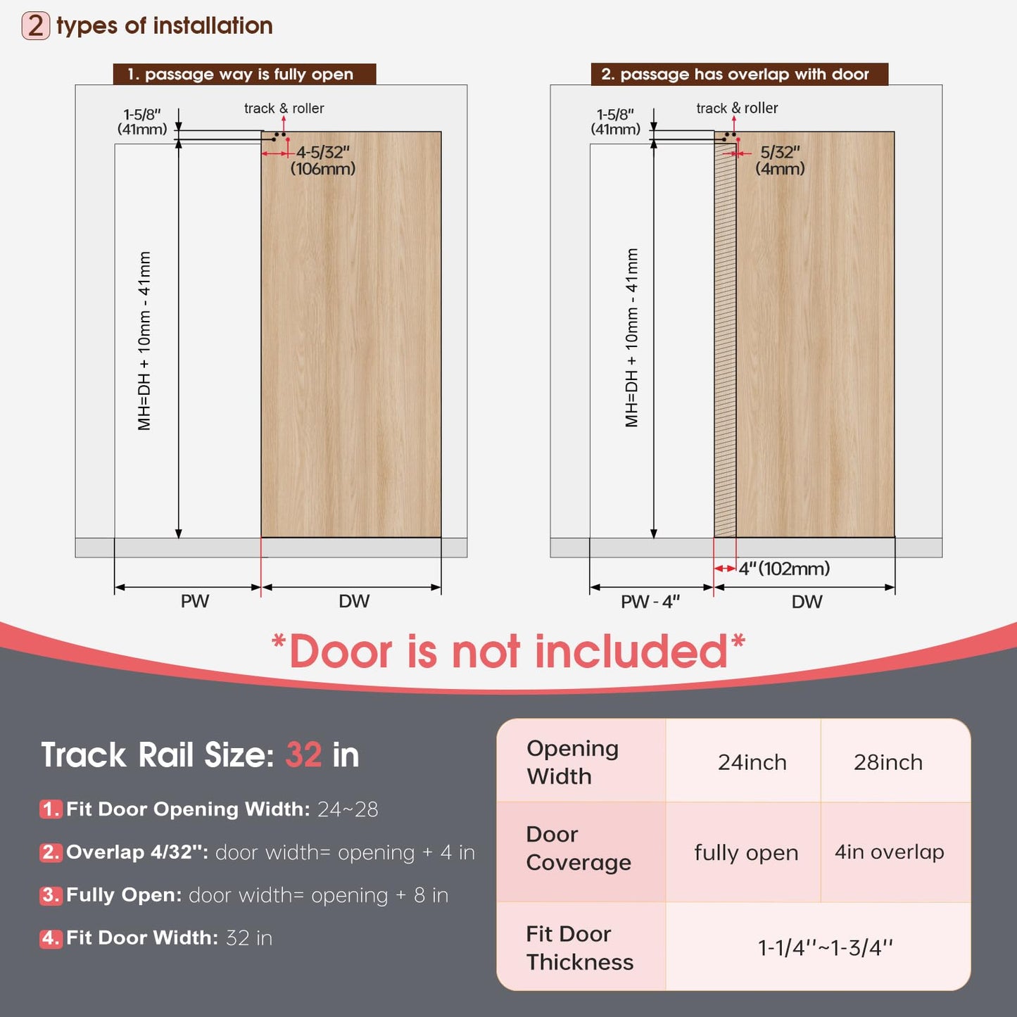 CEAKIAN 32" Concealed Sliding Barn Door Hardware Kit with Soft Close Mechanism for 24-28in Passage Opening, Hidden Aluminum Track System, Wall Mount for Interior Wooden Door (NO Door)