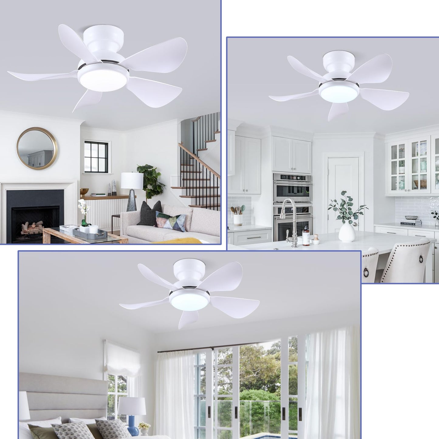 Kviflon 32 Inch Modern Ceiling Fans with Lights, Small Flush Mount Ceiling Fan with Light and Remote/APP Control, 5 Reversible 6 Speeds Curved Blades, 3 CCT Dimmable Lights for Kids Room, White