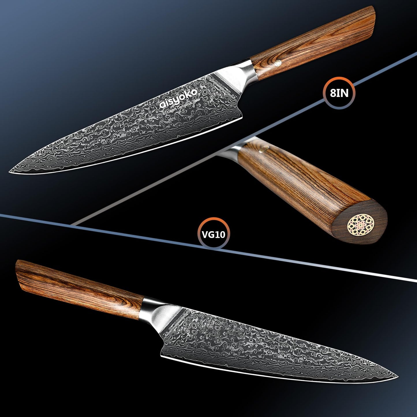 aisyoko Damascus chef knife 8-inch sharp kitchen knife Japan VG-10 stainless steel ergonomic color wooden handle luxury gift box - with scabbard
