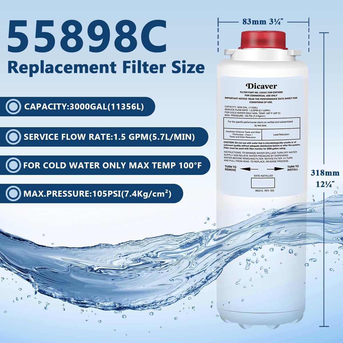 55898C Water Filter, Replacement for Halsey Taylor 55898C Filter Compatible with HWF172 Filter Replacement Filling Stations(2 Pack)