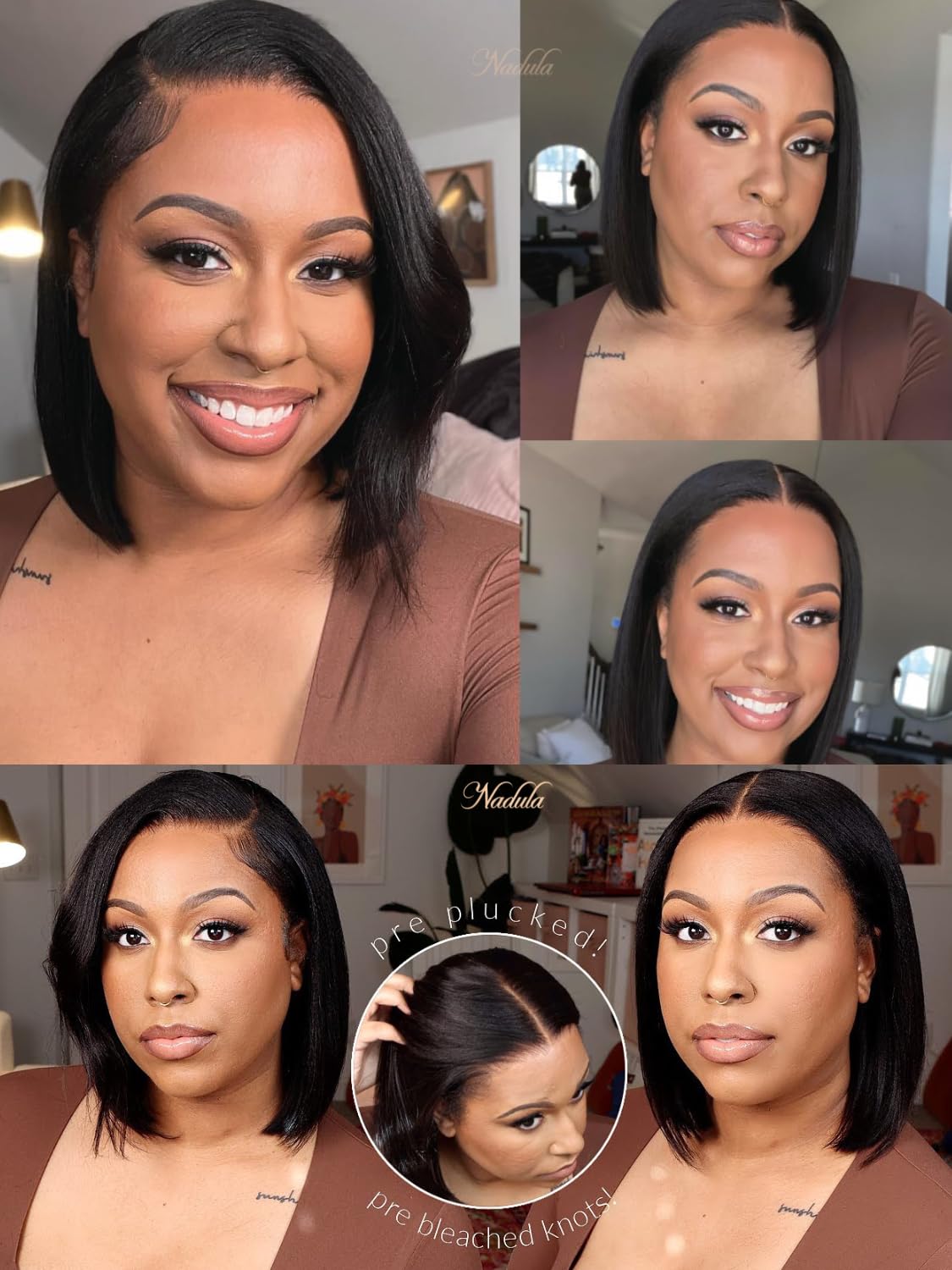 Nadula Glueless Yaki Straight Bob Bye Bye Knots 7x5 Lace Front Wigs Human Hair Pre Plucked Invisible Knots Pre Everything 3S Ready to Wear Short Yaki Bob Wigs Pre Cut 150% Density 10inch