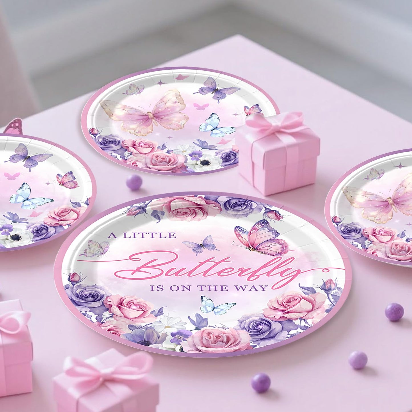 Butterfly Baby Shower Decorations Balloons Plates and Cups and Napkins Sets Purple Pink Sweet Baby Girl Baby Shower Themes A Little Butterfly is on Her Way Decorations for Girl