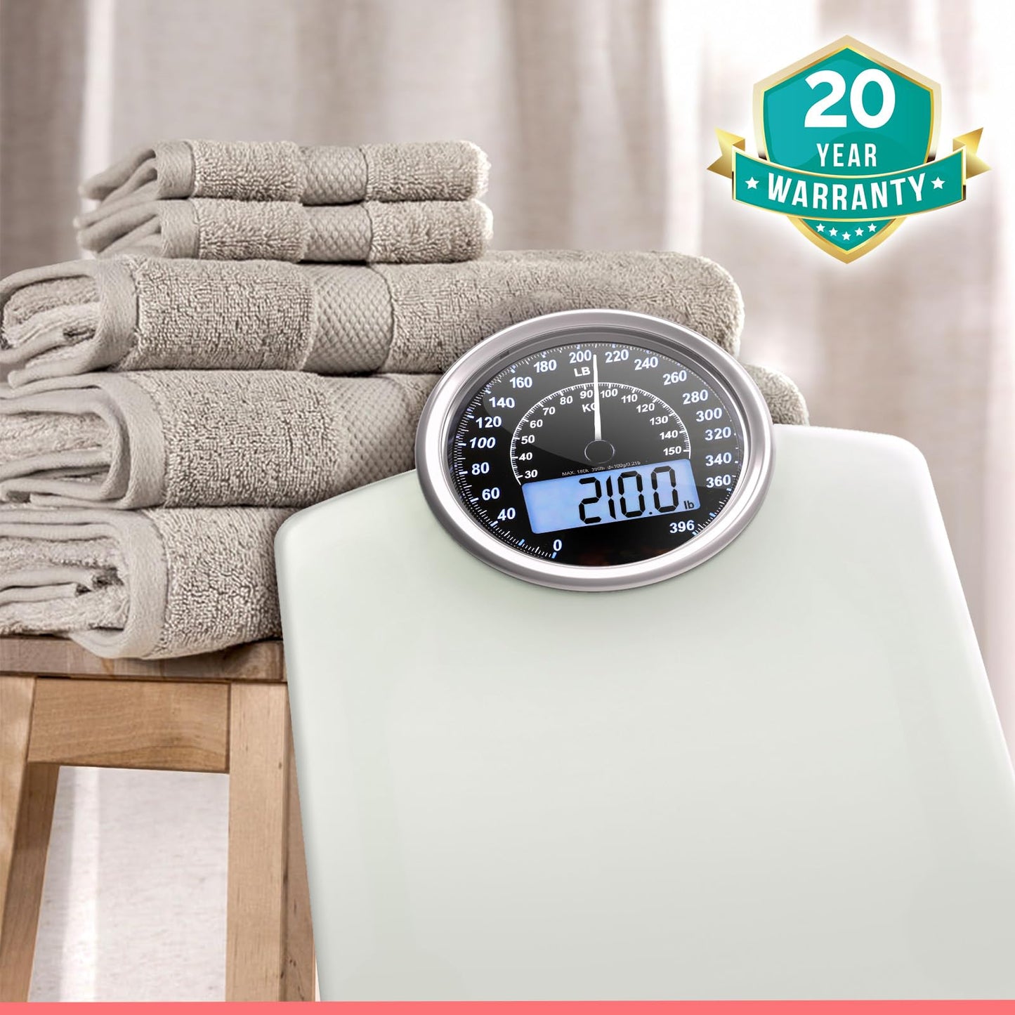 Adamson Hybrid 2-in-1 Analog & Digital Weighing Scale for Body Weight up to 400lbs + Thick Tempered Glass + Extra Large Display + Easy to Read Digital Bathroom Scale + New - White