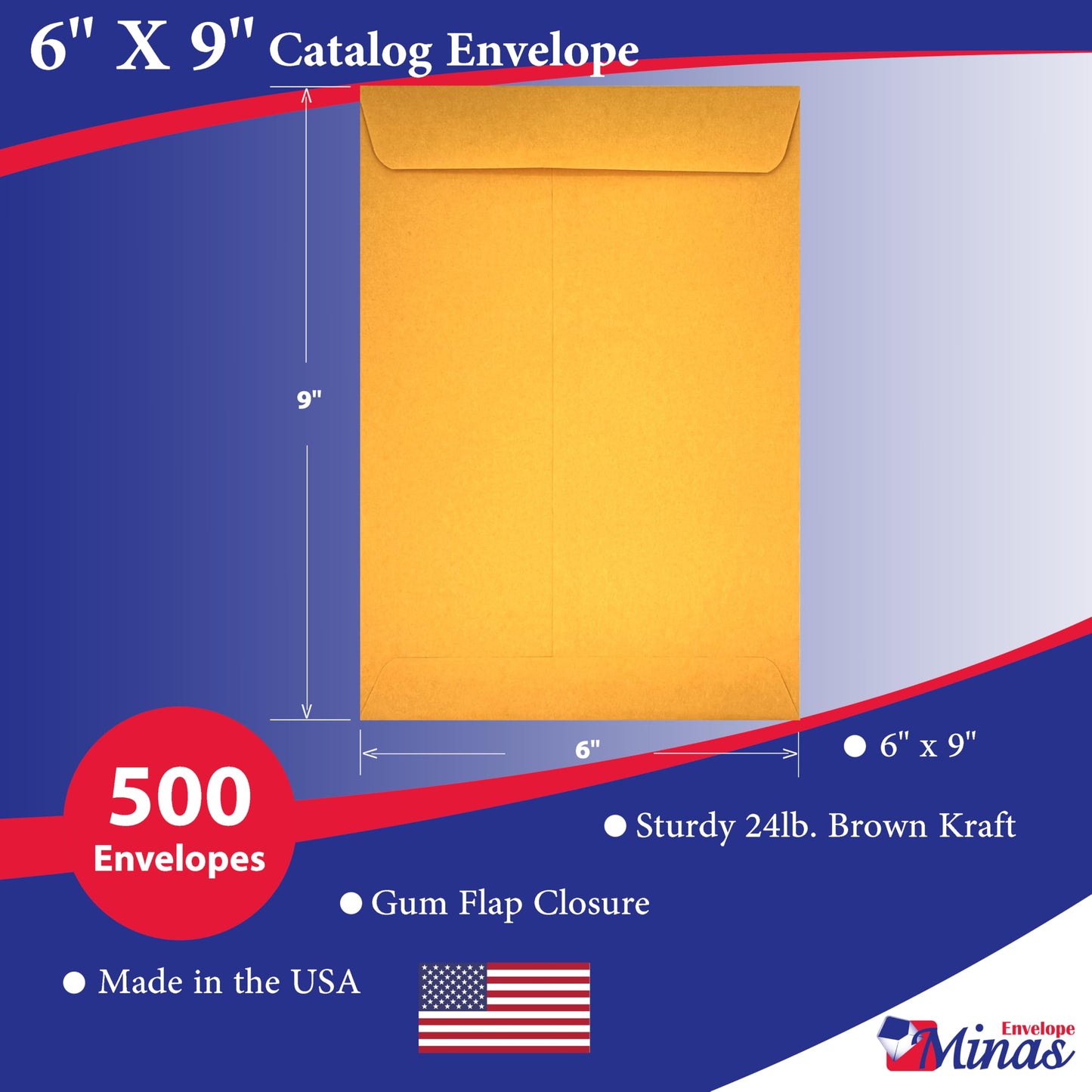 500 Minas Envelope 6" x 9" Catalog Envelope (Open End), 24lb. Brown Kraft, Gum Flap (500 Envelopes)