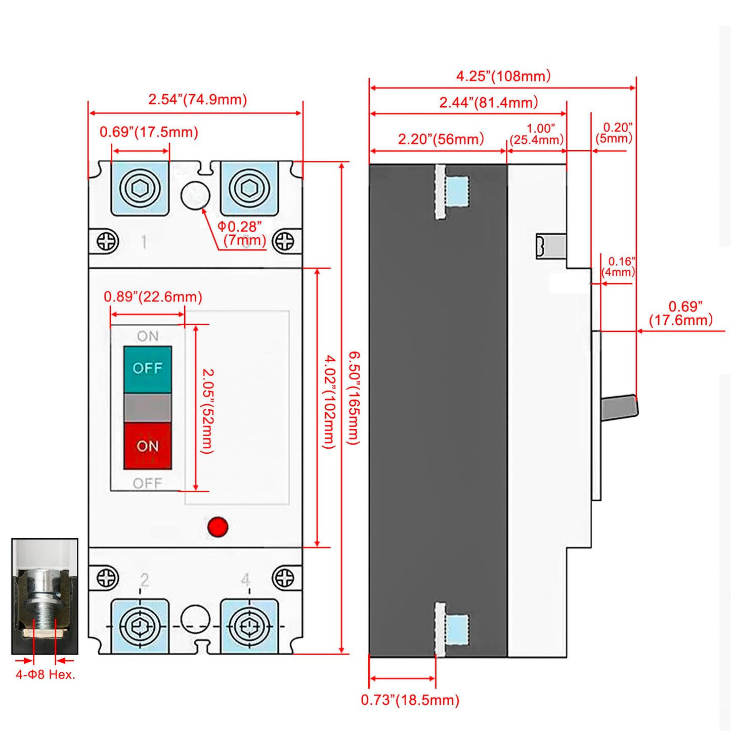 Heschen DC Molded Case Circuit Breaker MCCB, HSM1PV-250, 2 Poles, DC550V 250A, Photovoltaic Circuit Breaker, for Solar PV System Solar Panels Grid System