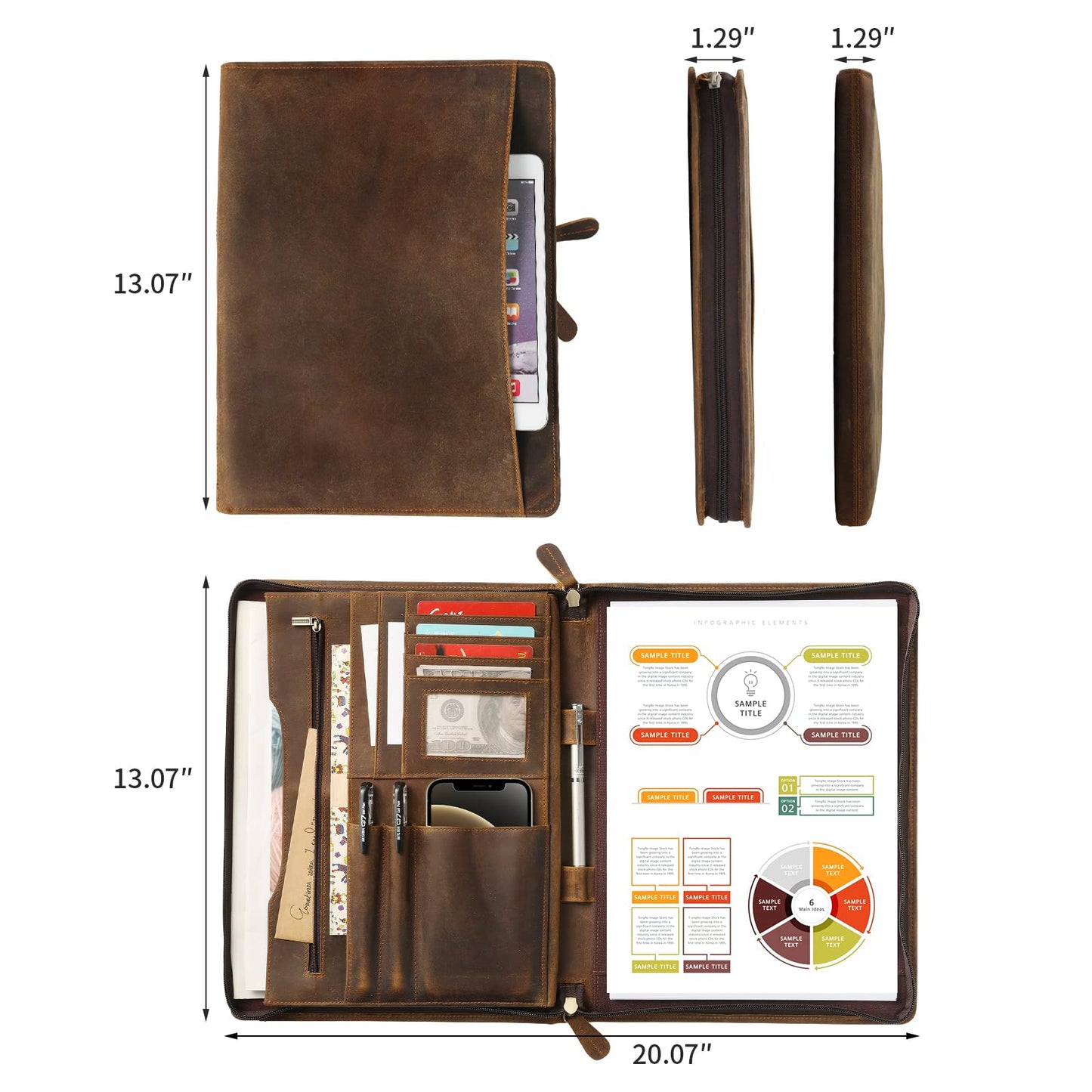 Ringsun Genuine Leather Portfolio with Zipper, Business Organizer for A4/Pad/Phone, Brown, RS63