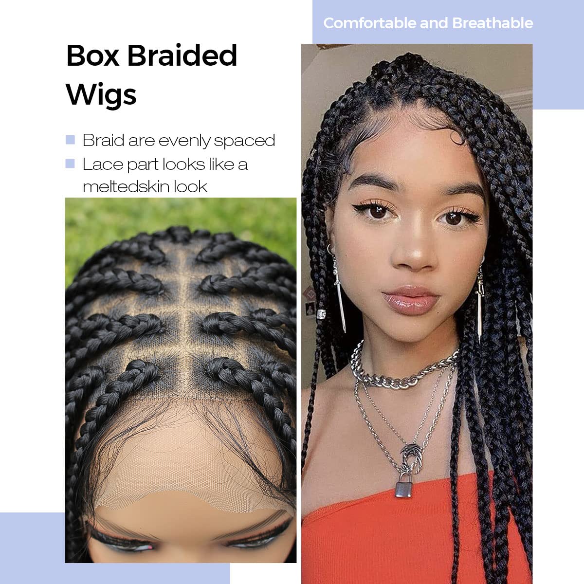 KRALER 36 inch Braided Wigs for Black Women, Knotless Box Braid Wig Full Double Lace Square Based Micro Box Braids Wig Pre Plucked with Baby Hair