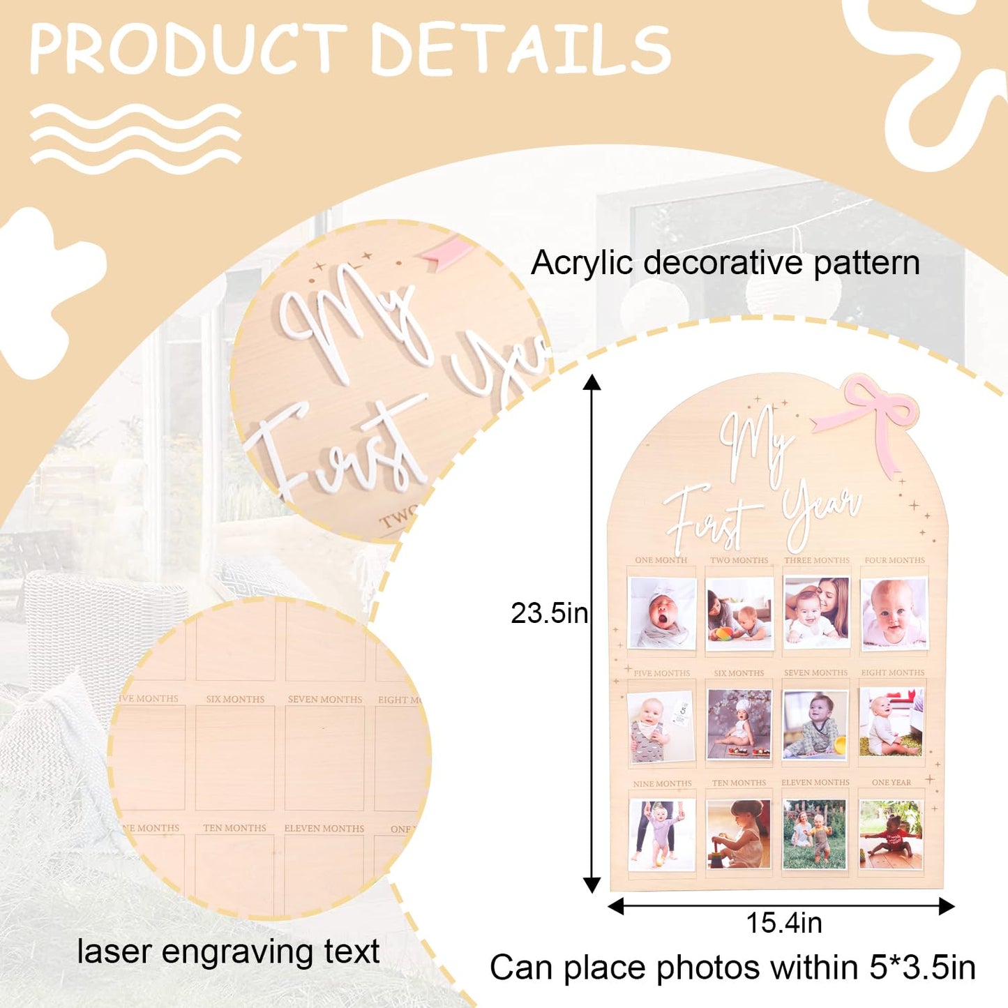 WAUAO Bow My First Year Birthday Board - One Year Of Photo Board,Monthly Milestone Wood Photo Board,First Birthday Decorations Girl,12 Months Photo Banner