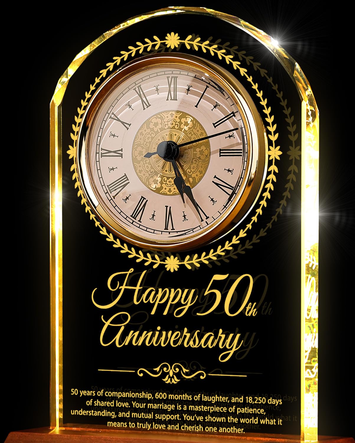 Sttokilly 50th Wedding Anniversary Crystal Quartz Clock with Wooden Light Base,50 Years of Marriage Gift,Happy Golden Anniversary Decoration Gift,for Parents,Grandparents,Couple