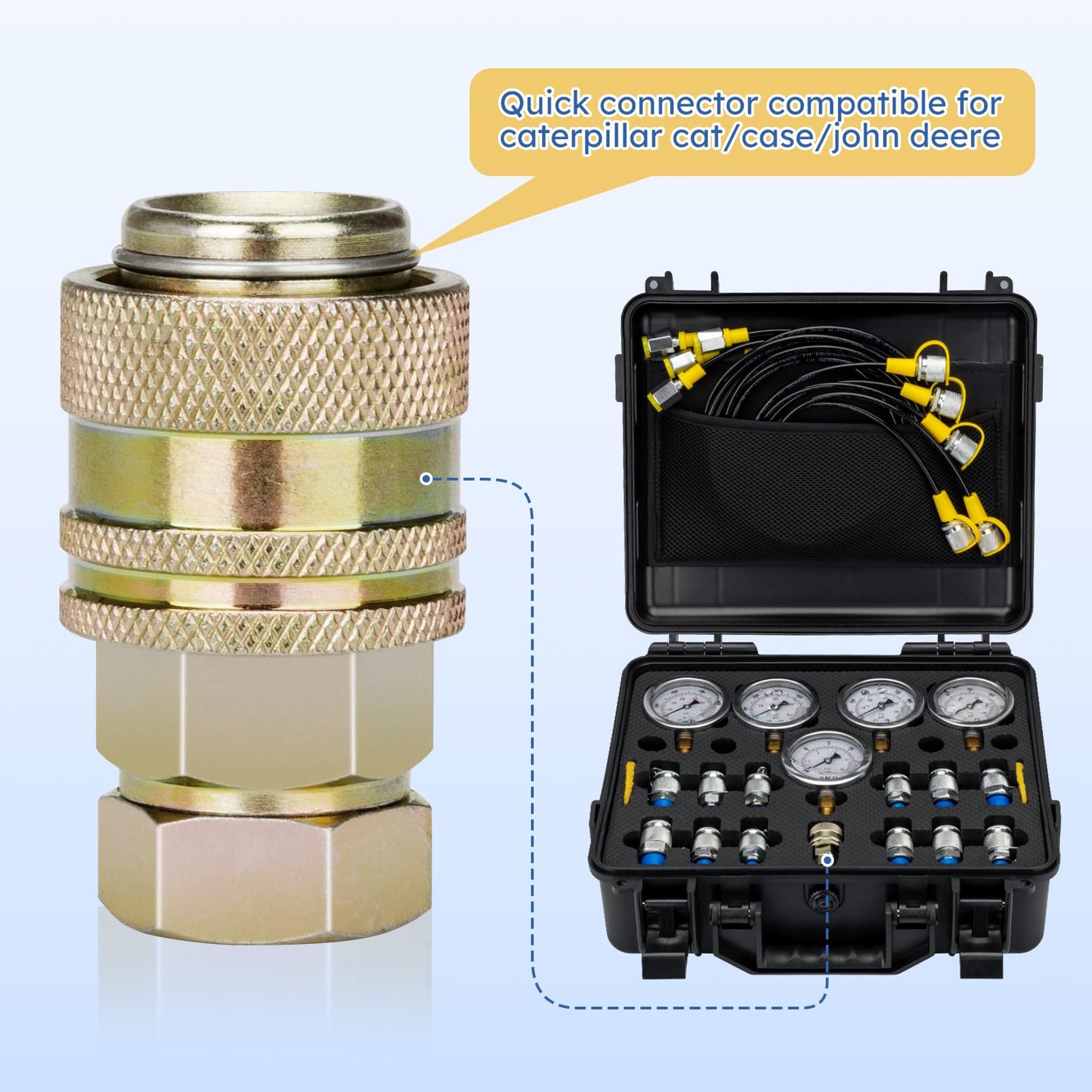 AilemeNova Hydraulic Pressure Test Kit, 5 Gauges (10/100/250/400/600bar) 60mpa 13 Test Couplings 14 Tee Connectors 5 Test Hoses w/Sturdy Portable Carrying Case for Excavator Construction Machinery