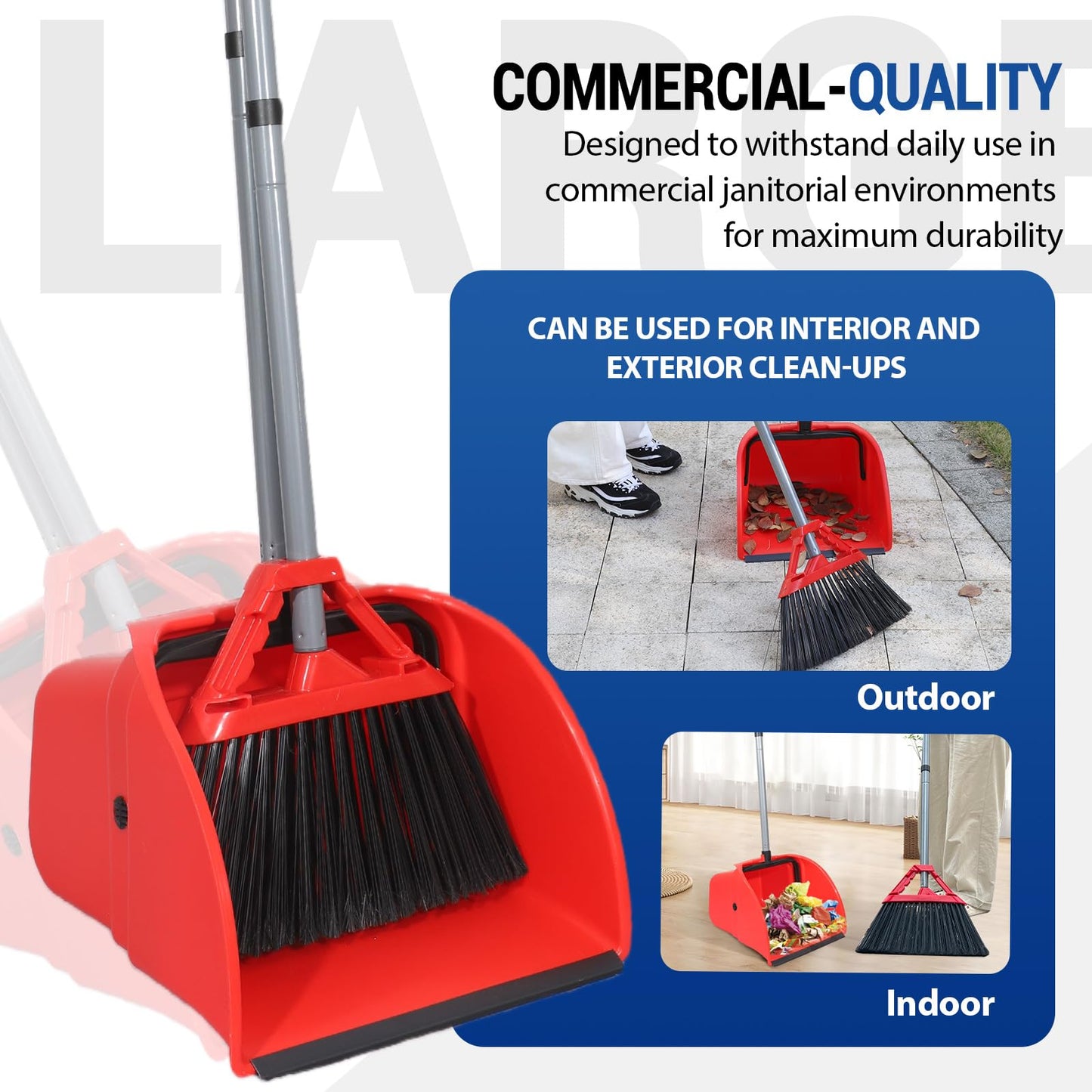 Commercial Broom and Dustpan Set, Jumbo Lobby Debris Dustpan (14inch*14inch), Heavy Duty Broom (14inch Width), 2 Sets, Red,for Indoor and Outdoor Cleaning,Red