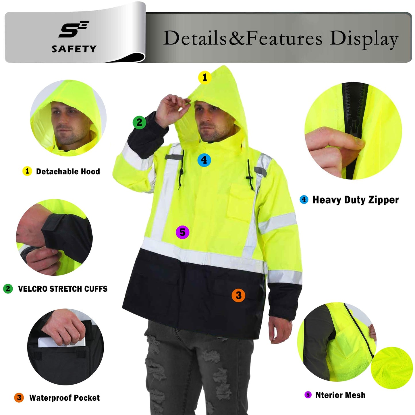 High Vis Rain Jacket, Rain Suits for Men Waterproof with Black Bottom, Class 3 Rain Coats for Men Interior Mesh, High Visibility Rain Gear, Removable Hood Orange (4XL/5XL)
