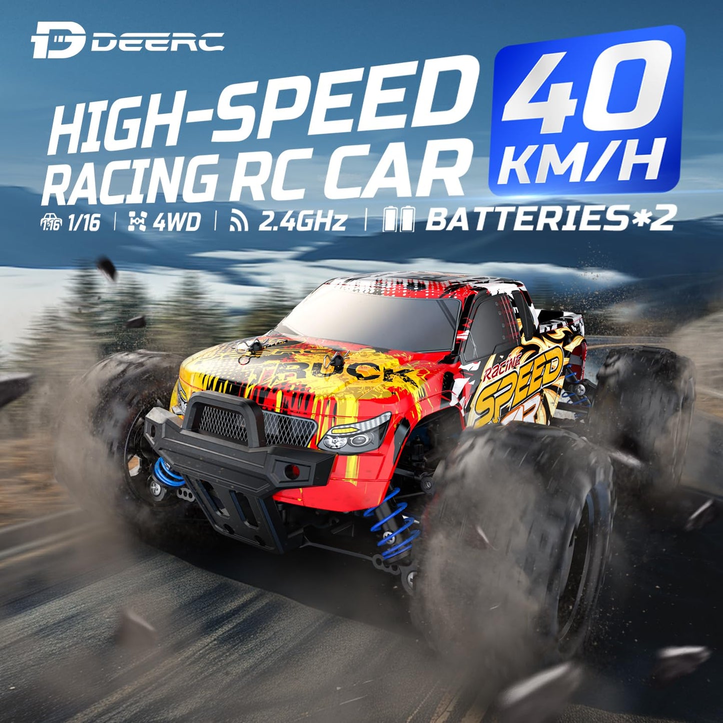 DEERC RC Cars High Speed Remote Control Car for Adults Kids 30+MPH, 1:16 Scales 4WD Off Road RC Monster Truck,Fast 2.4GHz All Terrains Toy Trucks Gifts for Boys,2 Batteries for 40Min Play