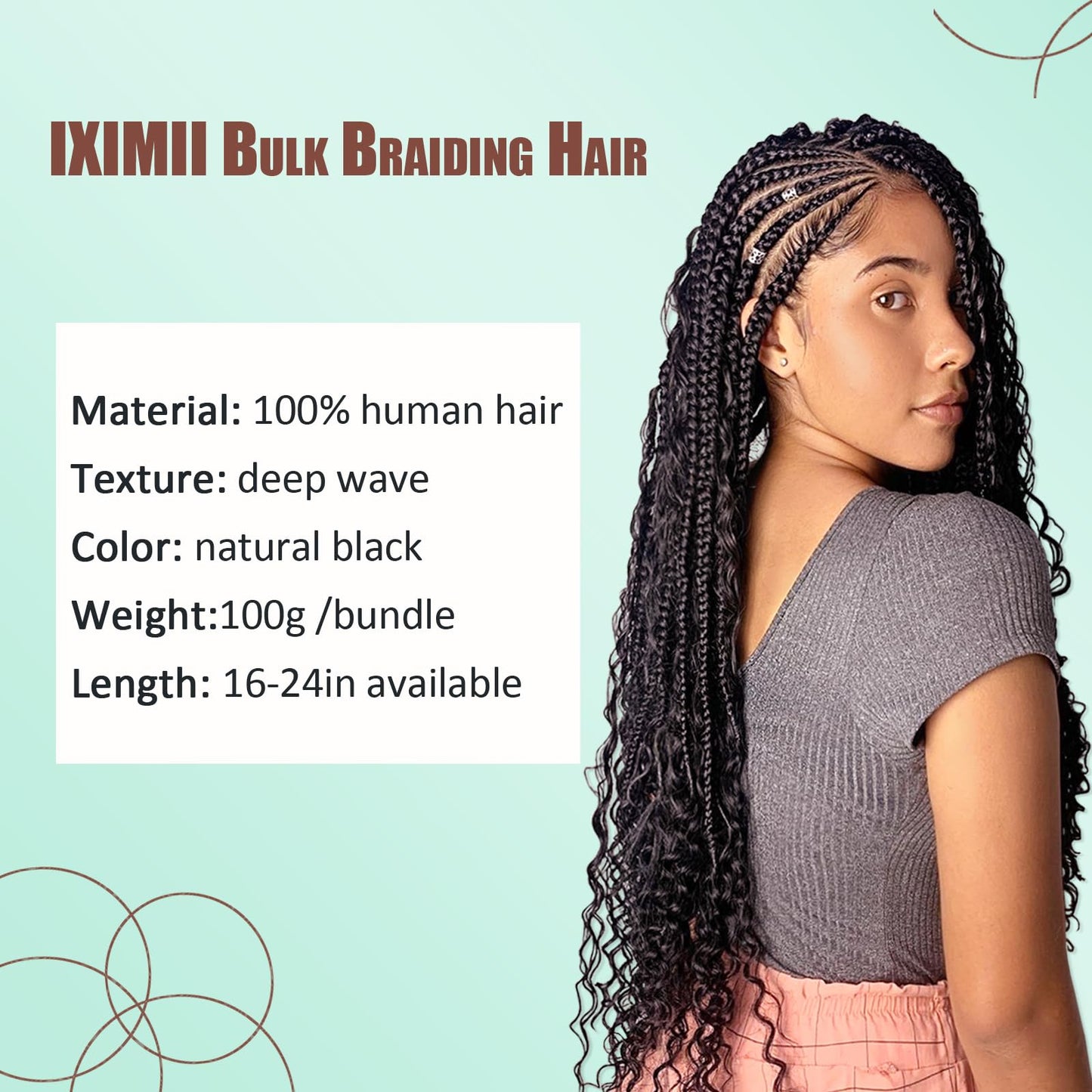 IXIMII Human Braiding Hair 18 inch 3.5oz(100g) 100% Human Hair Deep Wave Bulk No Weft Natural Black Color Curly Hair Extensions for Boho Braids