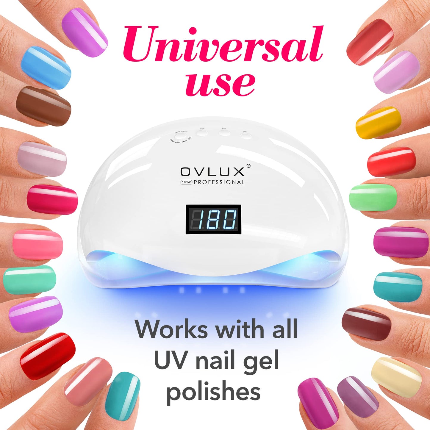 OVLUX UV LED Nail Lamp 180W, Professional Nail Dryer Machine, Best Gel UV LED Nail Lamp for Fingernail & Toenail Gel Based Polishes ā Nail Curing Light with 57 pcs LEDs, 4 Timer Settings