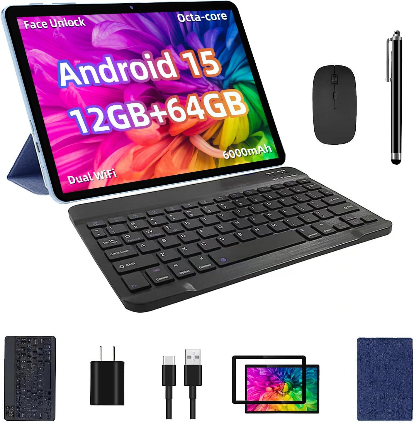 Android 15 Tablet, 12GB+64GB+1TB Expand, 10inch Tablet Bundle with Keyboard Case, Stylus Pen, Octa-core CPU, Dual Camera, WiFi6, 6000mAh Battery+18W Fast Charge, Support Face Unlock,Blue
