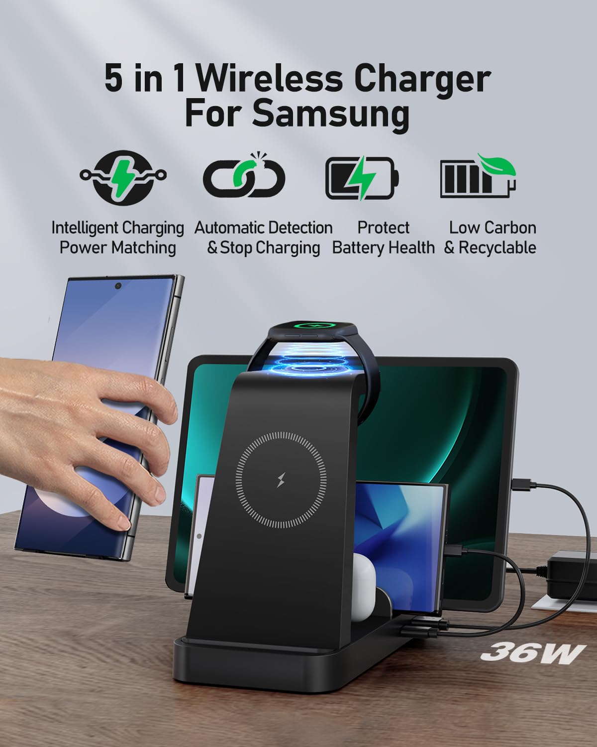 5 in 1 Wireless Charger for Samsung, Wireless Charging Station for Multiple Devices, Fast Charger Stand Dock, for Samsung Galaxy S24 Ultra S23 S22 S20 Note 20 10 Z Fold 6 Galaxy Watch 7 6 5 Buds,Black