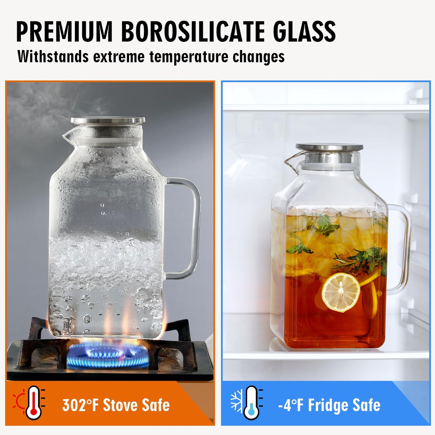 2 Pack 1 Gallon Square Glass Pitcher with Lid and Spout, Borosilicate Glass Carafe for Hot/Cold Drink, Water Pitchers with Handle for Fridge, Extra Large Jug for Iced Tea, Coffee, Juice, Beverage