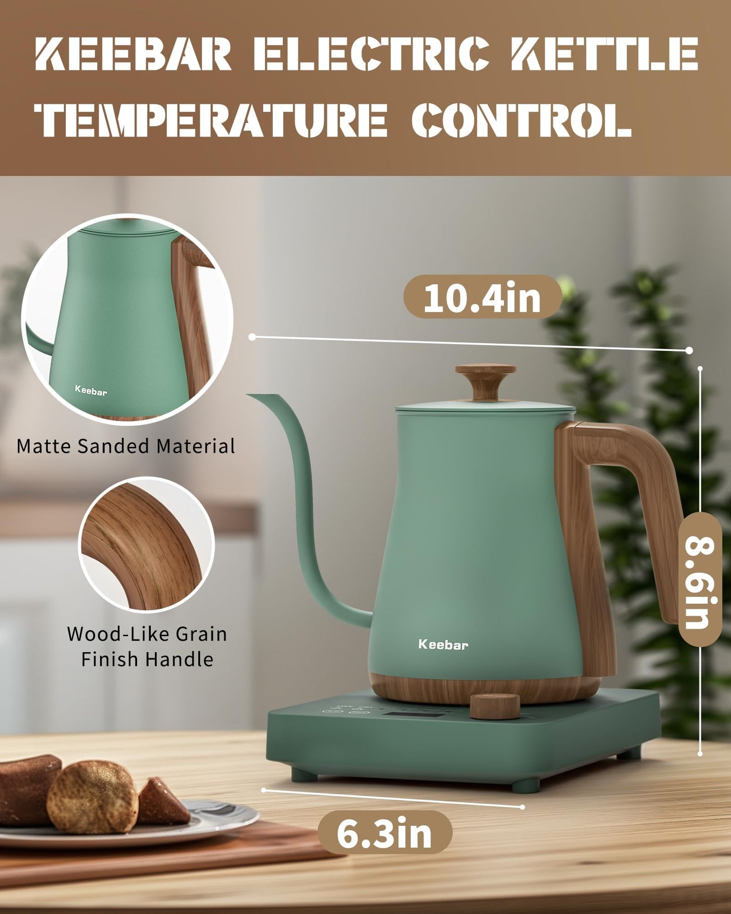 Electric Kettle, 1000W Quick Heating Gooseneck Kettles, 0.8L/27.05oz, 0.8mm Ultra-Fine Spout, Precise Water Flow Control, 304 Stainless Steel Inner, Auto Shut-Off, Boil Dry Protection, Matte Green