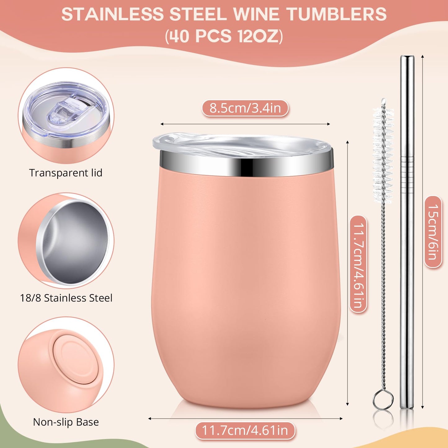 40 Pack Insulated Wine Tumbler 12oz Stainless Wine Coffee Cup with Lid Straw Double Wall Vacuum for Employee Wedding School Homeless Housekeeping Week Christmas Operation Gift(Morandi Color)