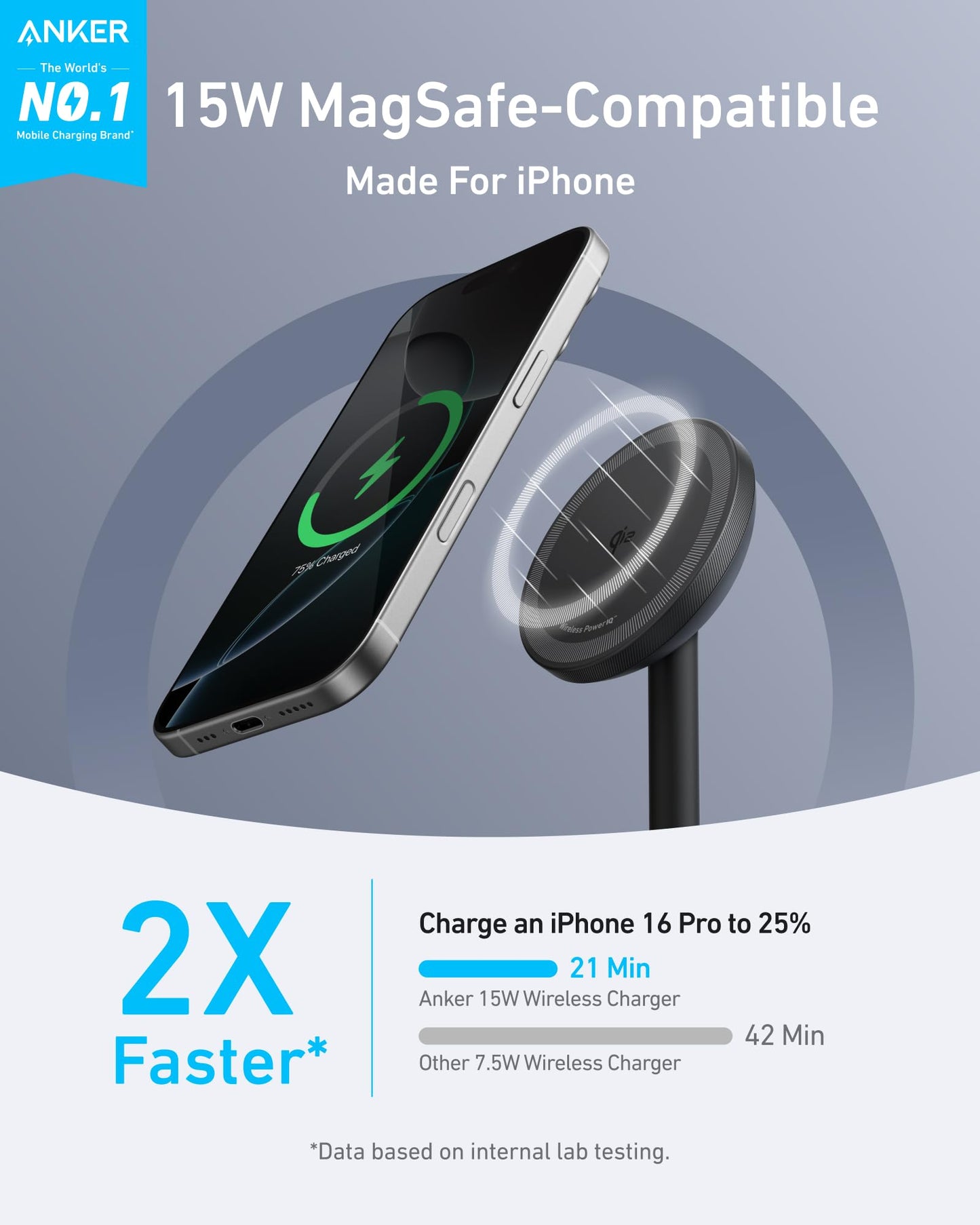 Anker MagGo iPhone 16 MagSafe-Compatible Wireless Charger Stand, 15W Fast Magnetic Wireless Charging Station, Qi2 Certified 360° Charger, for iPhone 16/15/14 Series and AirPods (25W Adapter Included)