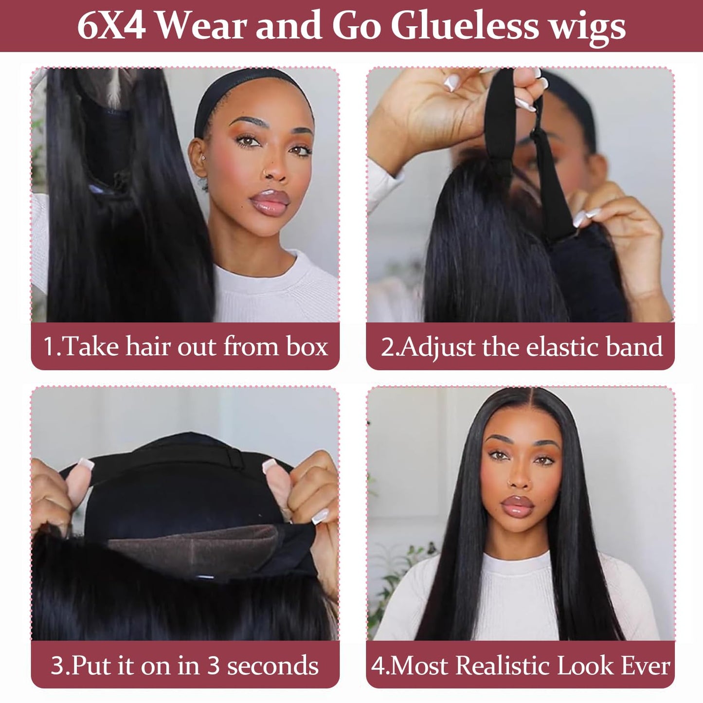 24Inch Wear and Go Glueless Wigs Human Hair Pre Plucked Pre Cut 180% Density 6x4 Ready to Wear Glueless Human Hair Wigs Straight for Black Women