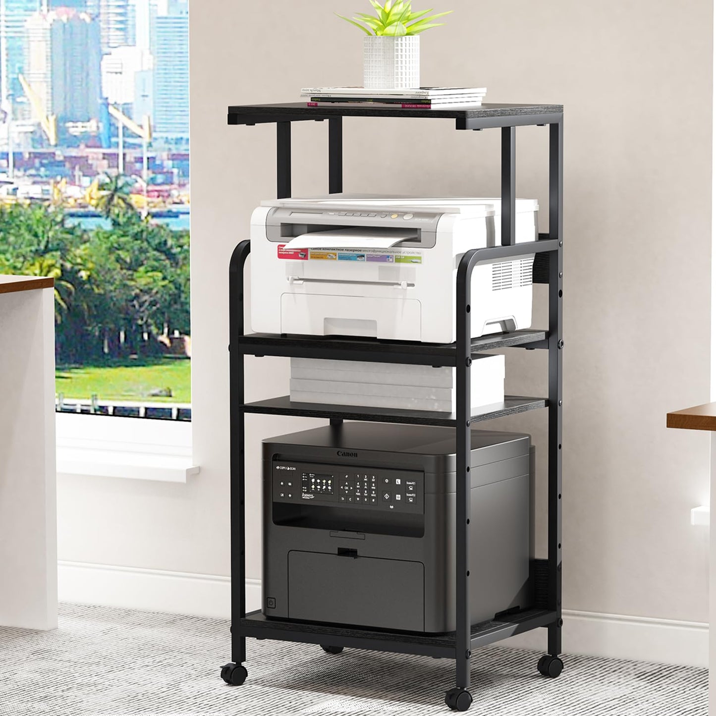 Arbuxzuy 4 Tier Stand with Storage Shelf, Tall Mobile Printer Table for Home Office, Adjustable Stands for Heat Press Scanner Fax (Black)
