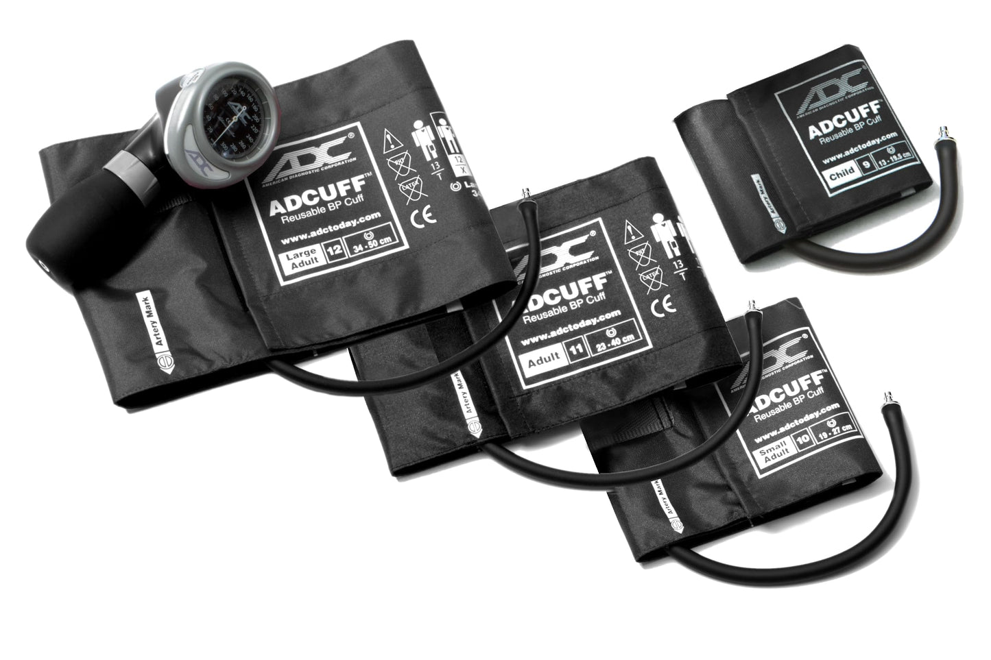 ADC - 732-BK Multikuf 732 4-Cuff EMT Kit with 804 Portable Palm Aneroid Sphygmomanometer, Child, Small Adult, Adult and Large Adult Blood Pressure Cuffs (13-50 cm), Nylon Zipper Storage Case, Black