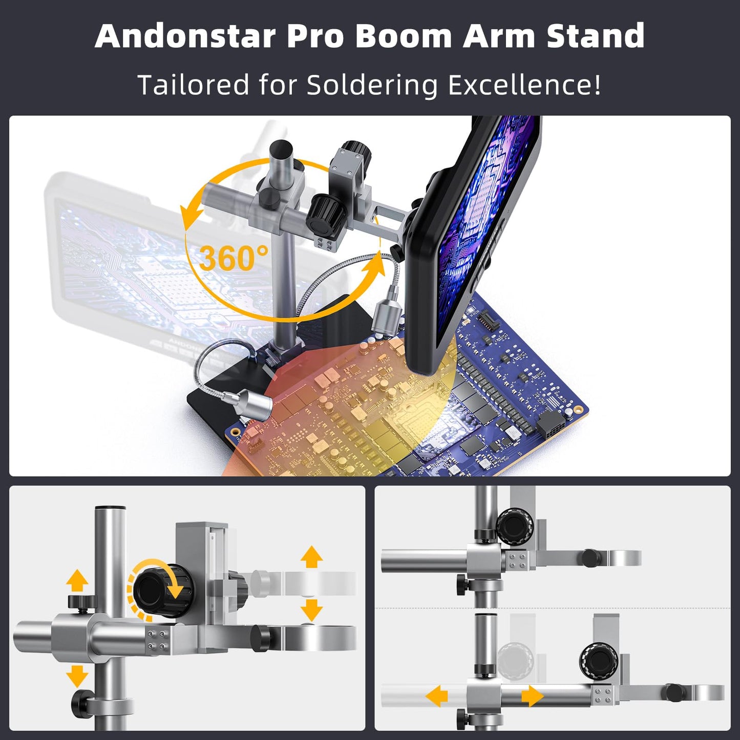 Andonstar 4K 30FPS Digital Microscope with 10.1" Screen, 3840P UHD Video Audio, Pro Boom Arm Stand for Soldering, Electronics Repair, Coin, AD208S-Pro HDMI Electronic Microscope for Adults, 64GB