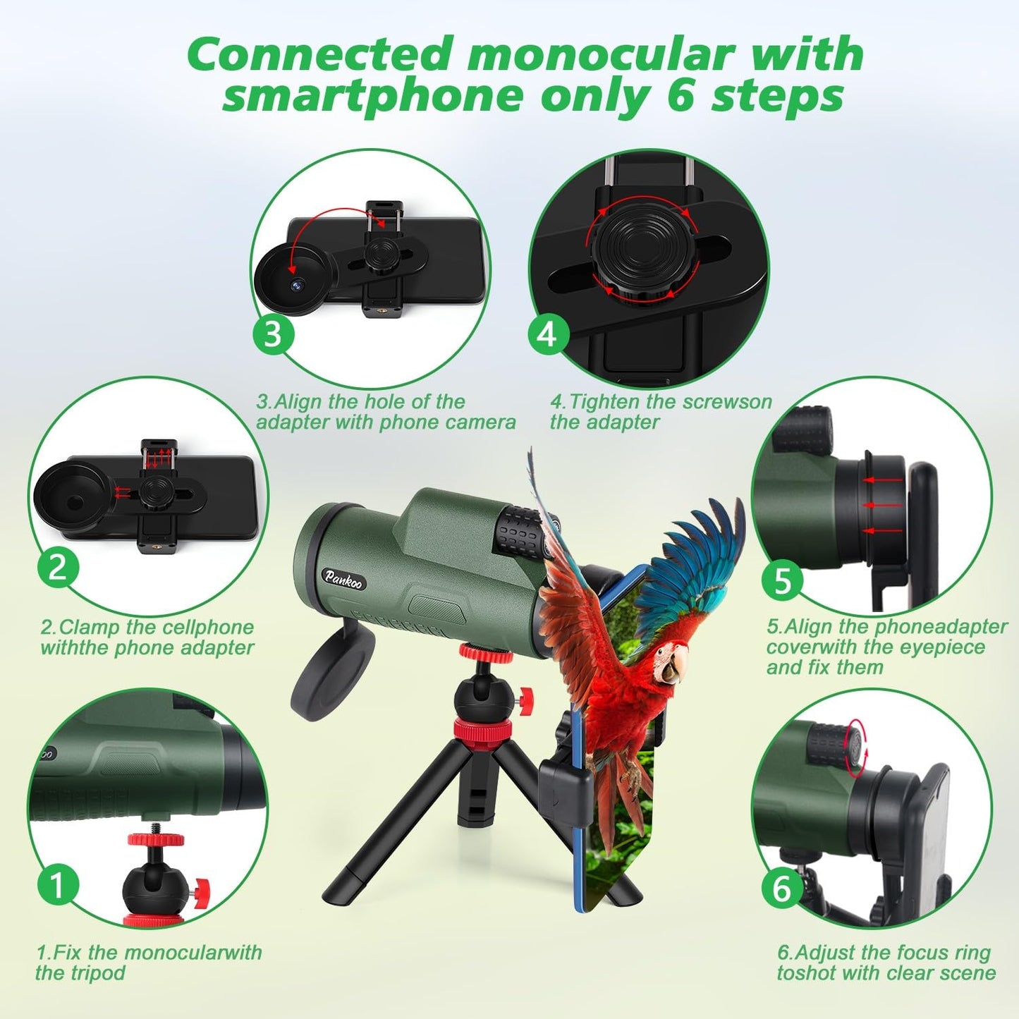 12x50 HD Monocular Telescope for Adults with Smartphone Adapter Tripod Hand Strap - High Power Monoculars Equipped with Large BAK4 Prism & FMC Lens - Suitable for Bird Watching Sports Hiking Traveling