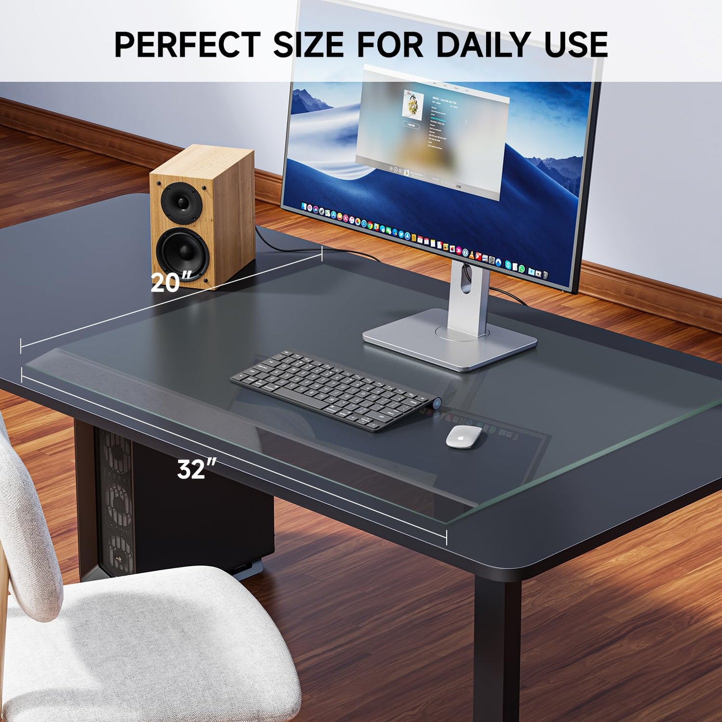 VASUHOME 32" x 20" Premium Tempered Glass Desk Mat with Beveled Edge - Ergonomic Desk Protector, Crystal Clear, Dry Erase Surface, Ideal Table Top Protector for Home & Office