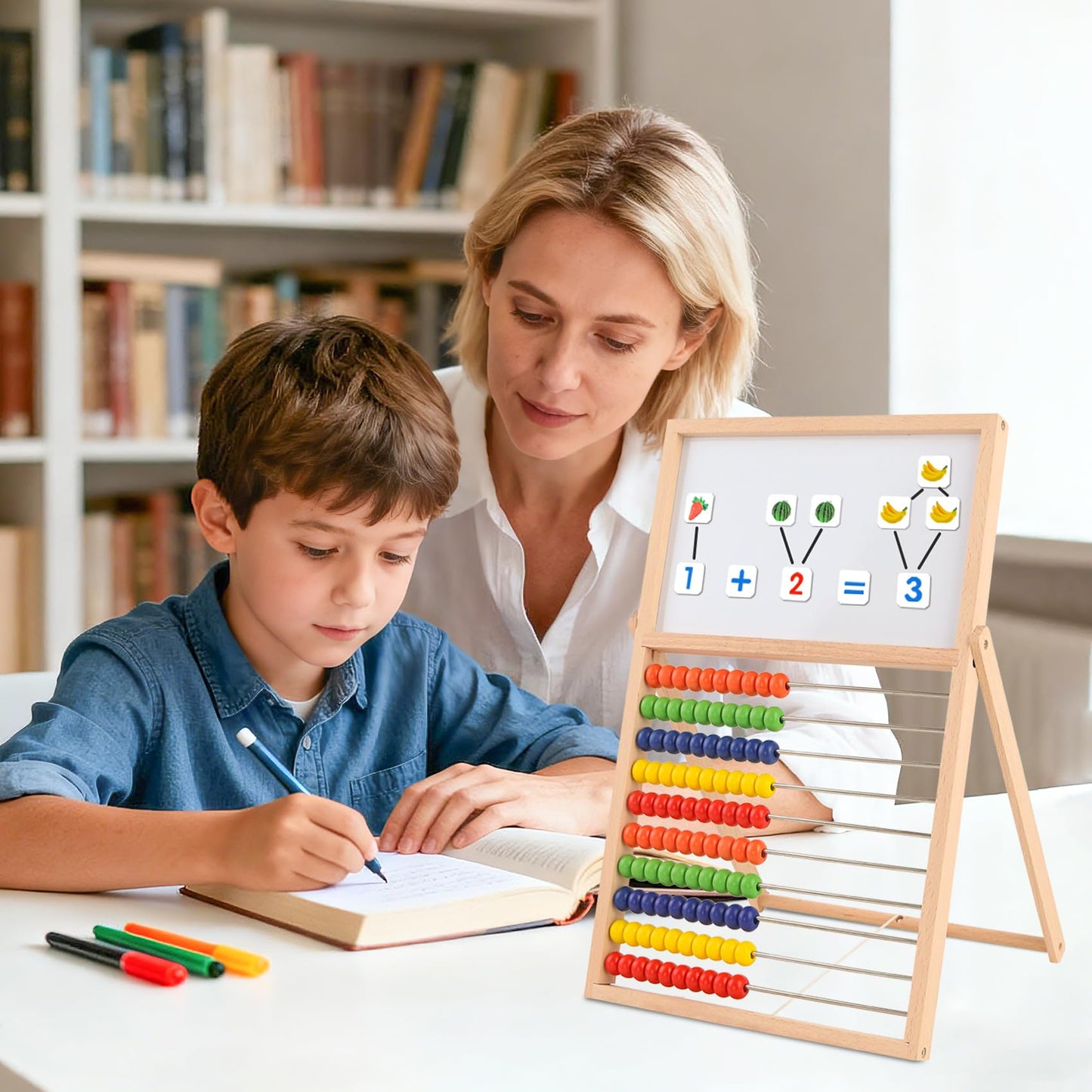 Wooden Abacus for Kids Math - Double-Sided Blackboard Whiteboard Magnetic Abacus for Toddlers with 100 Magnetic Number & Fruit Stickers - Educational Counting Games Kids Gift