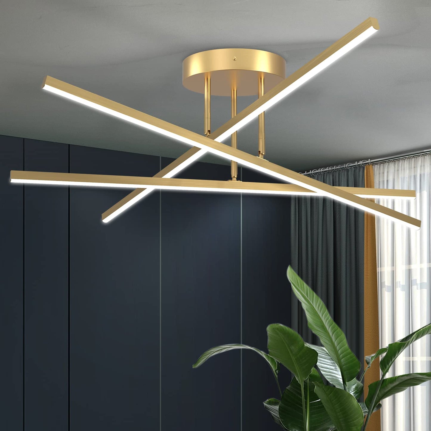 AIRYPHANT Gold LED Chandelier, 3-Lights Modern Semi Flush Mount Ceiling Lighting Fixture for Kitchen Dining Room Foyer Entry Bedroom, 23.82” 18W