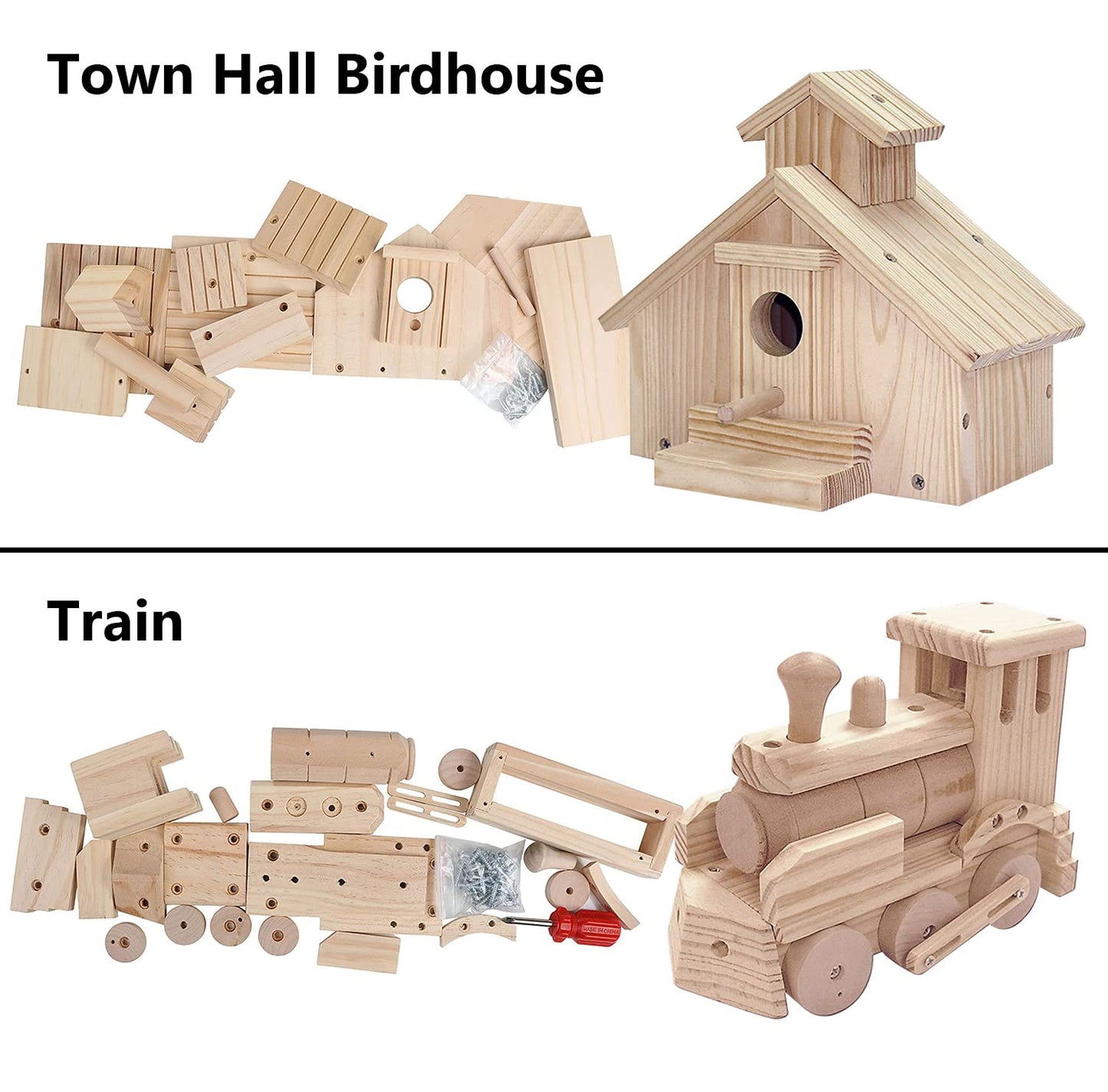 Kraftic Woodworking Building Kit for Kids and Adults, 2 Educational DIY Carpentry Construction Wood Model Kit Toy Projects for Boys and Girls - Build a Wooden Town Hall Birdhouse and Train