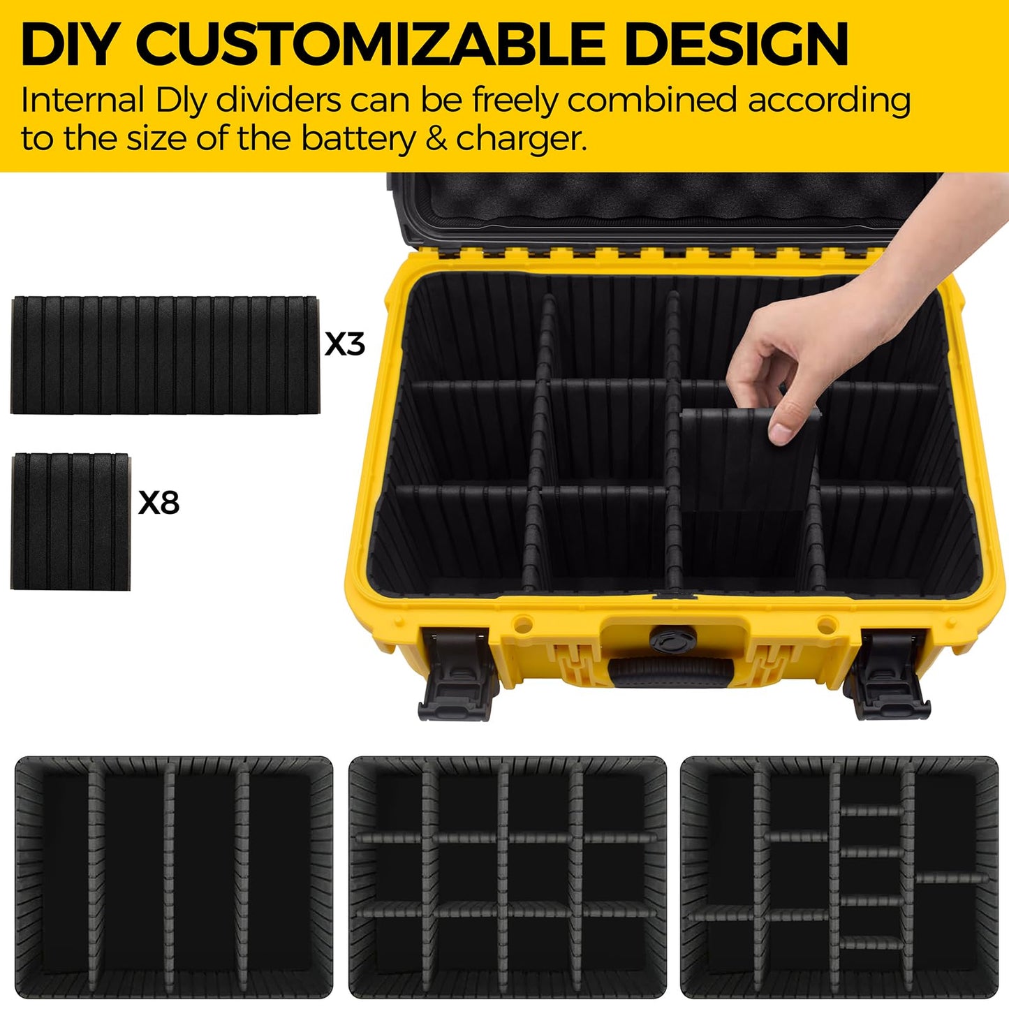Case for Dewalt Battery- Extra Large Hard Storage Box with Adjustable Dividers for Dewalt 12V/20V/60V Battery & Charger, Durable Protective Tool Battery Organizer (CASE ONLY)